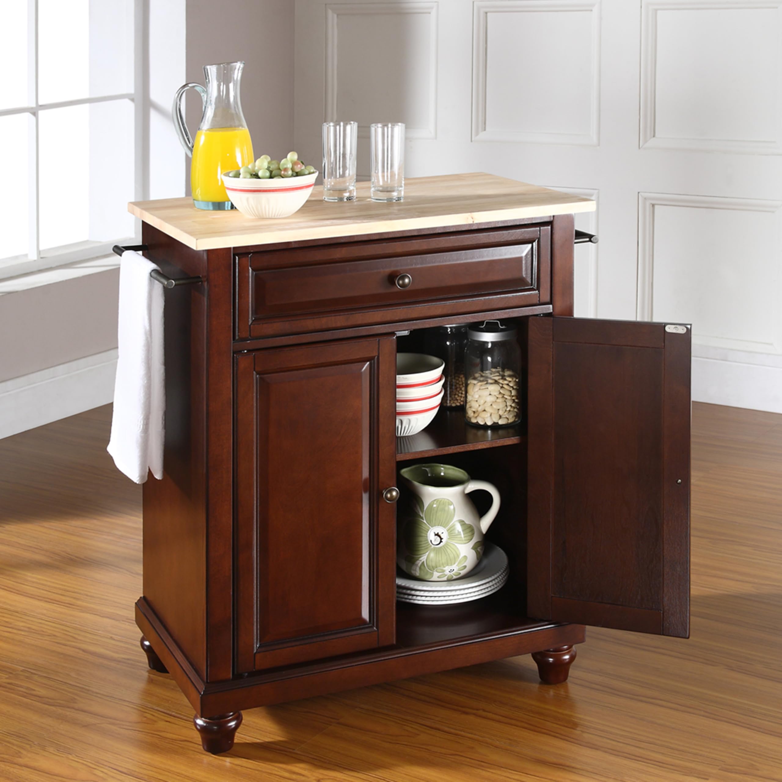Crosley Cambridge Wood Top Portable Kitchen Island Cart with Wheels - Microwave Stand, Storage Cabinet, Mahogany Finish - Perfect for Small Kitchens, Apartments & Dorm Rooms
