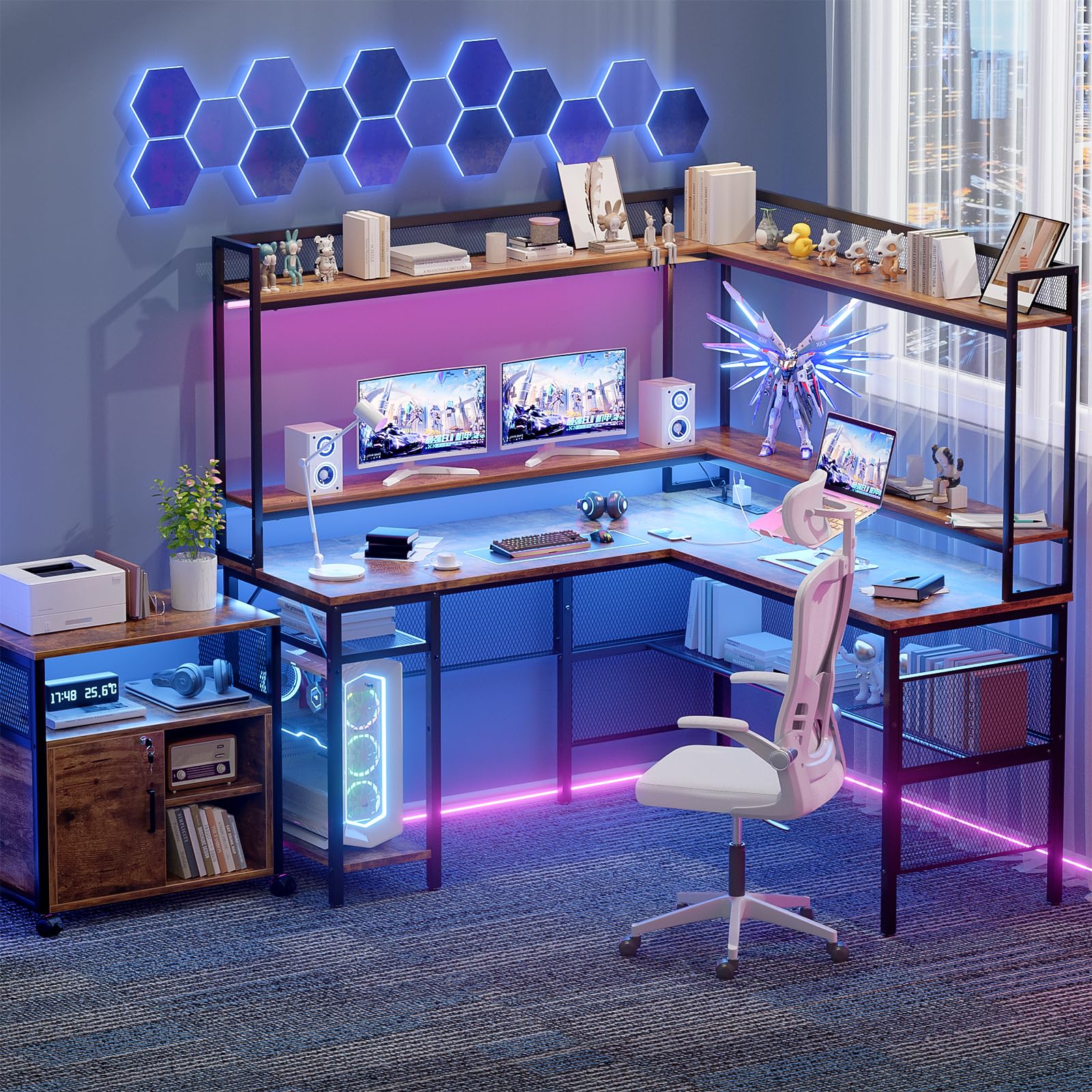L-Shaped Gaming Desk with LED Lights & Power Outlet - Reversible Computer Desk with Storage Shelves & Monitor Stand - Industrial Style 2-Person Home Office Workstation in Rustic Brown | Perfect for Gaming Setups, Home Offices & Small Workspaces