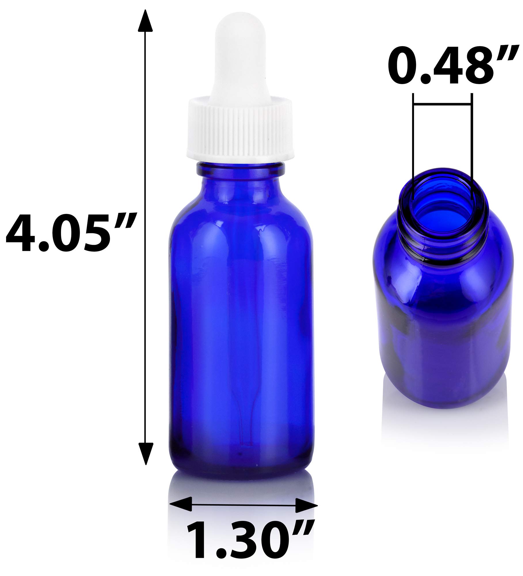 JUVITUS 24 Pack 1 oz Cobalt Blue Glass Boston Round Bottles with White Dropper Caps & Bonus Funnel - Essential Oil, DIY Beauty, and Travel-Sized Liquid Storage Solution