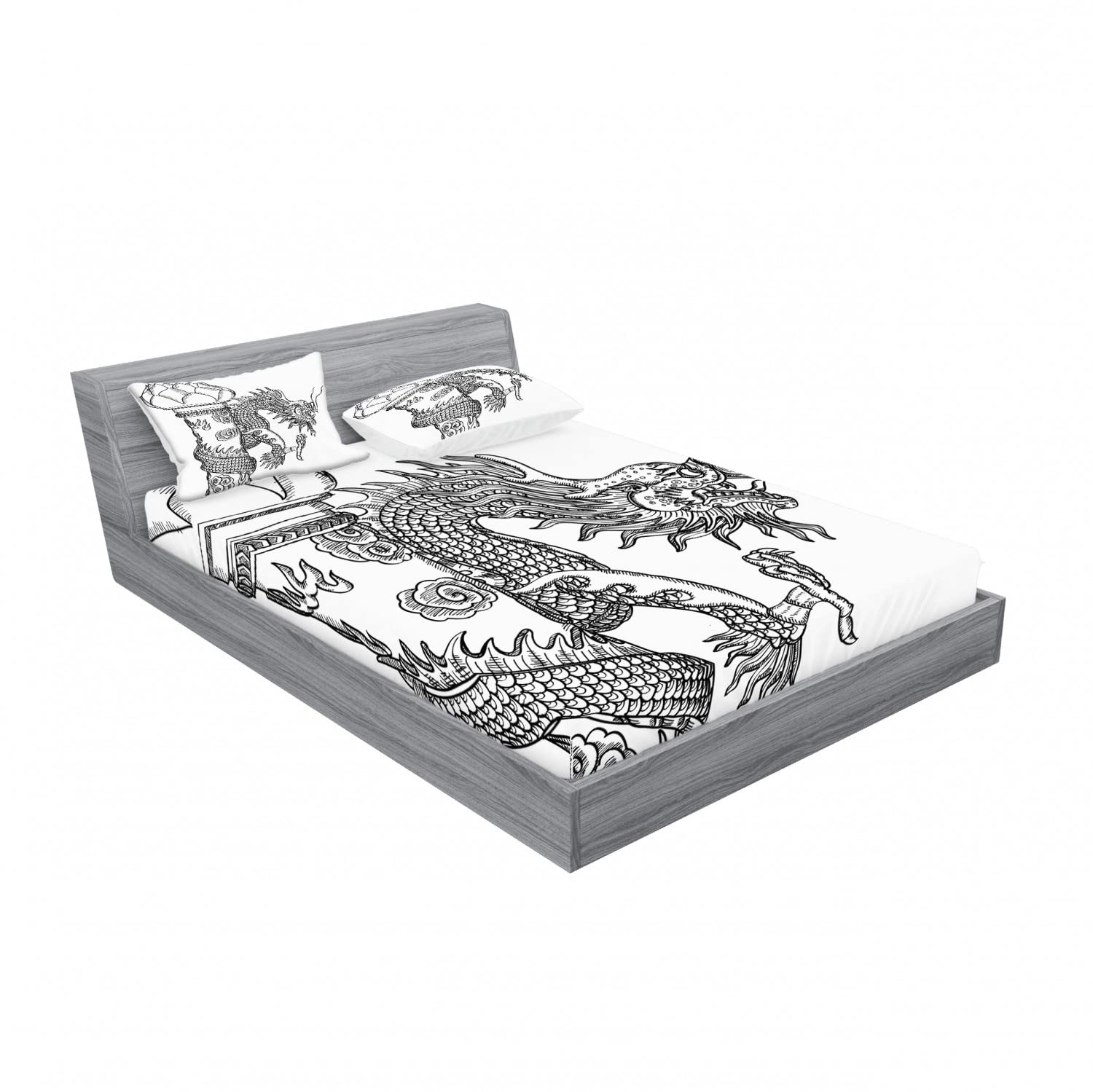 Ambesonne Dragon Queen Size 2-Pack Fitted Sheet & Pillow Sham Set - 4 Piece Chinese Mythical Creature Bedding Collection (2 Fitted Sheets + 4 Pillow Covers) in Black & White - Perfect for Asian-Themed Bedroom Decor, Fantasy Lovers & Unique Home Styling