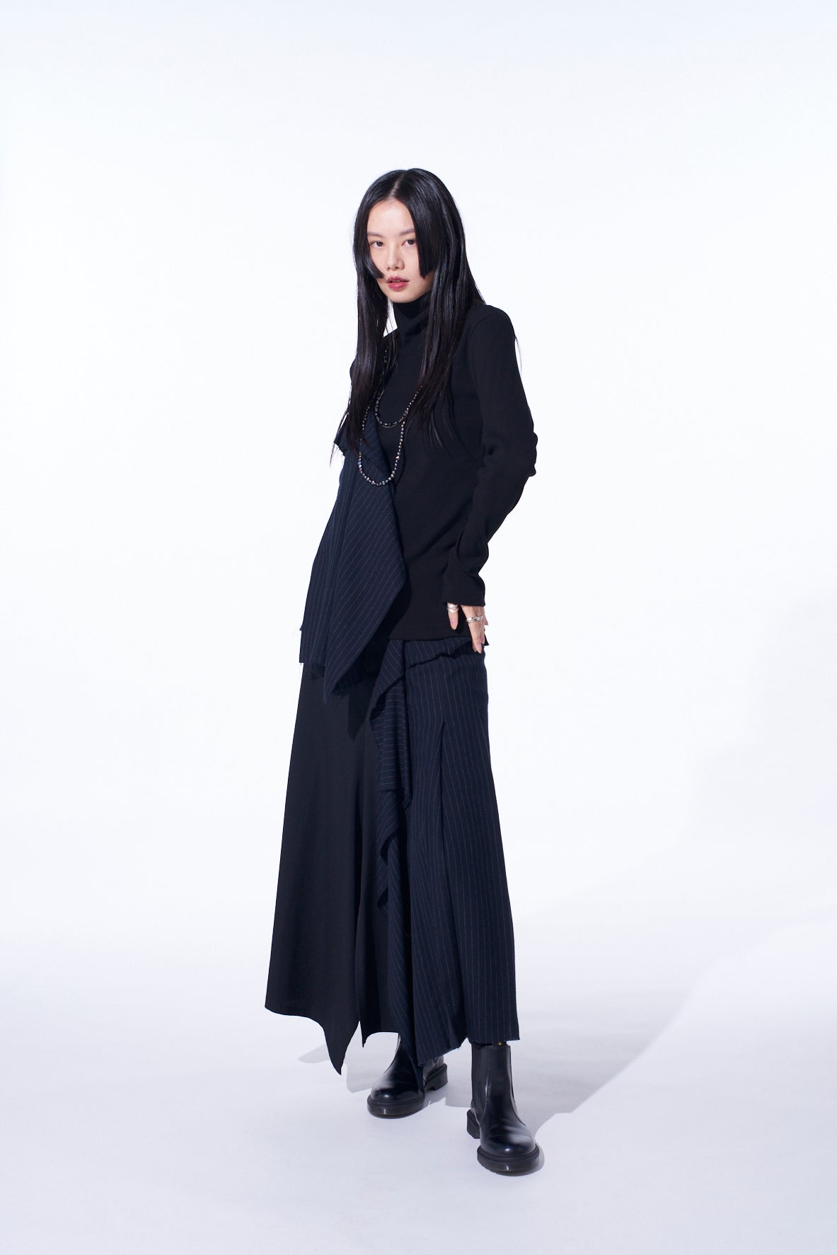 Premium Cotton Rib Jersey Long Sleeve High Neck T-Shirt with Pleated Stripes - Women's Fashion Basic Top for Casual Wear & Layering