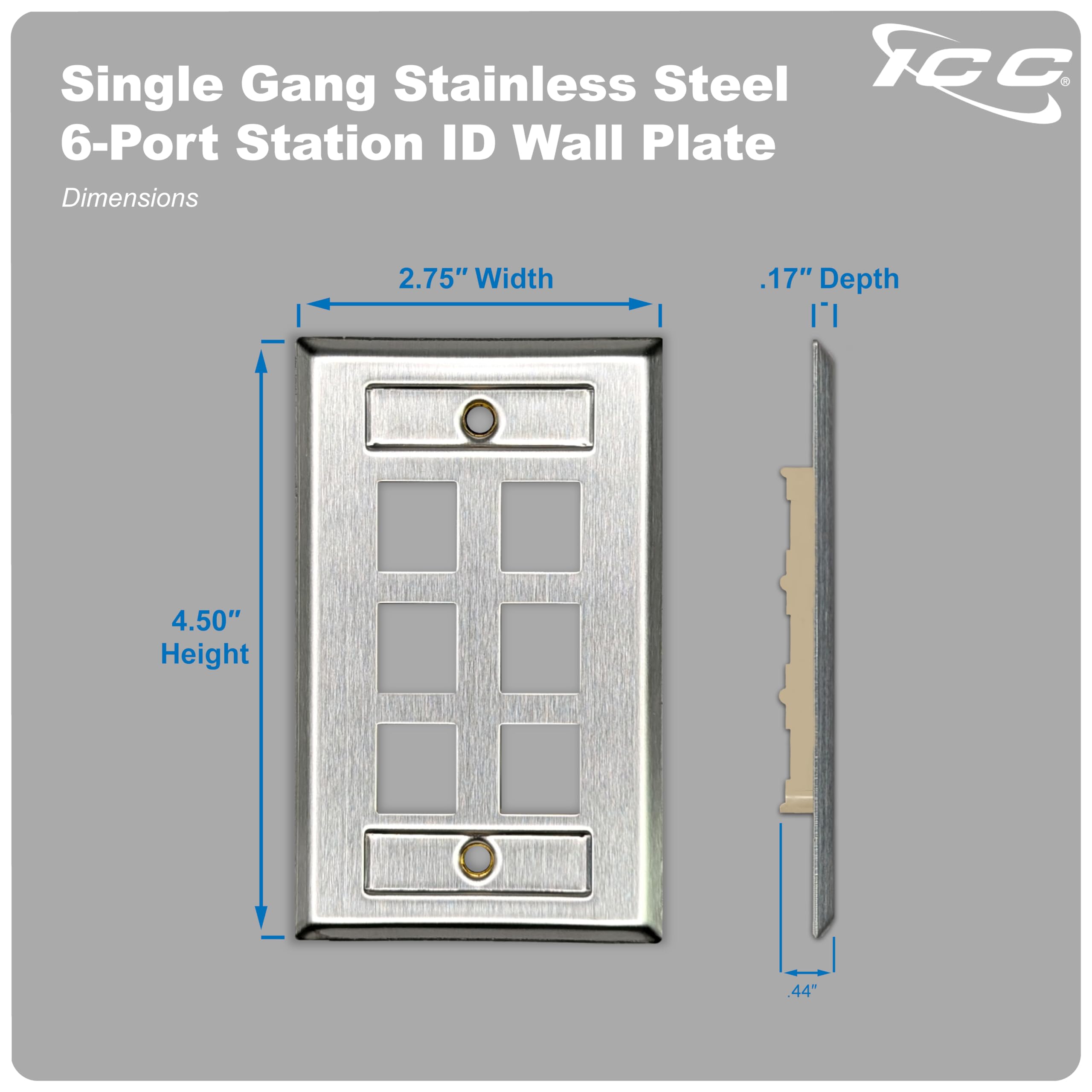 ICC Station 6-Port Stainless Steel Faceplate for EZ/HD Style Single Gang - Ideal for Network Racks, Server Rooms & Office Wiring Installations