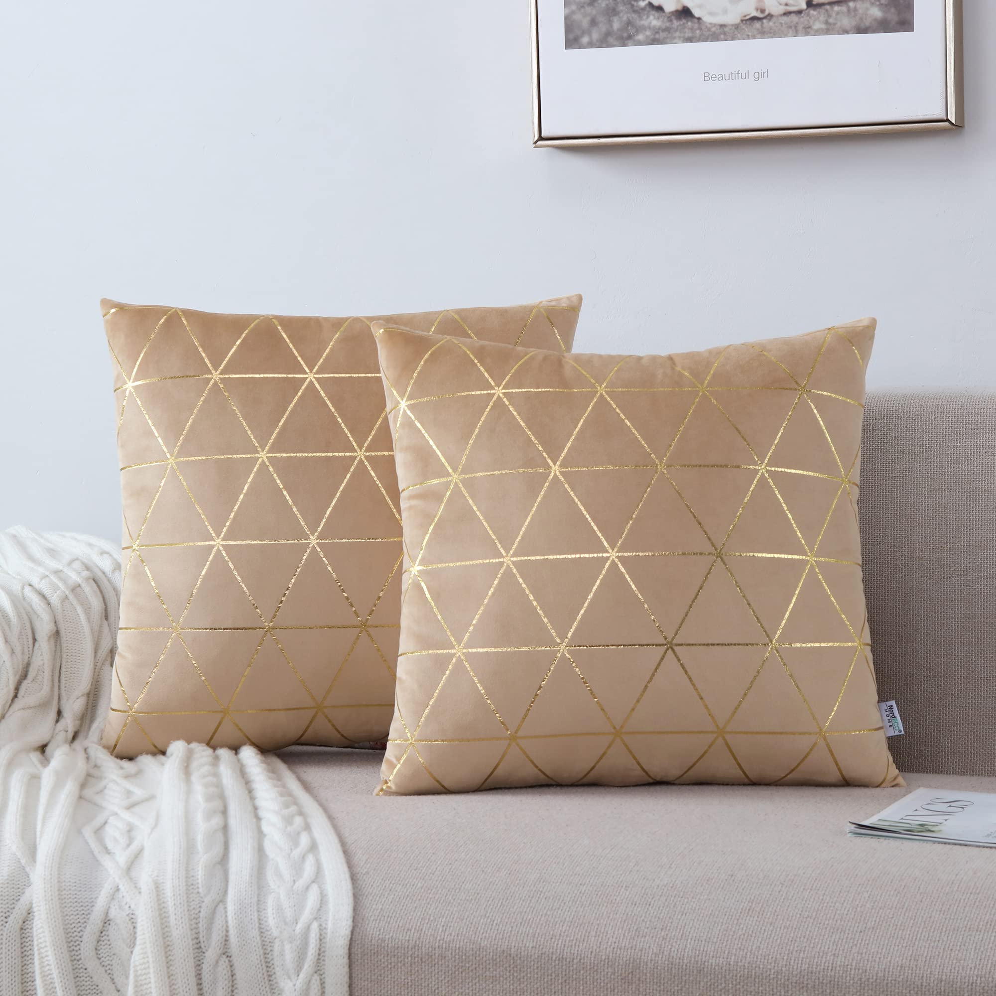 NordECO HOME 2-Pack Beige Square Throw Pillow Covers 16x16 Inches - Soft Decorative Cushion Cases for Sofa, Couch & Bed - Perfect for Living Room, Bedroom & Home Decor
