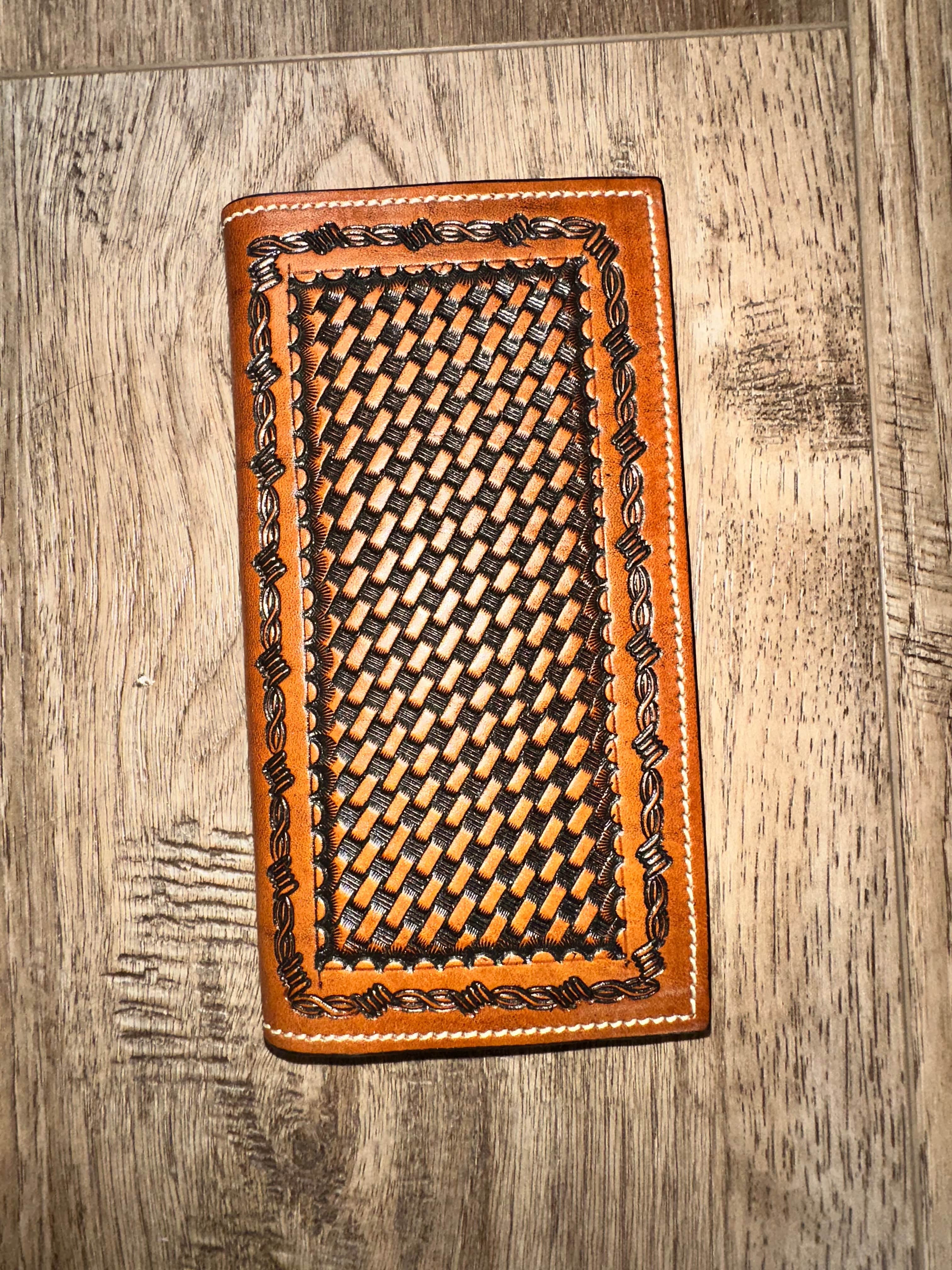 Genuine Leather Rodeo Wallet for Men - Handcrafted Cognac Basketweave Design - Perfect for Western Riders, Cowboy Enthusiasts & Outdoor Adventures