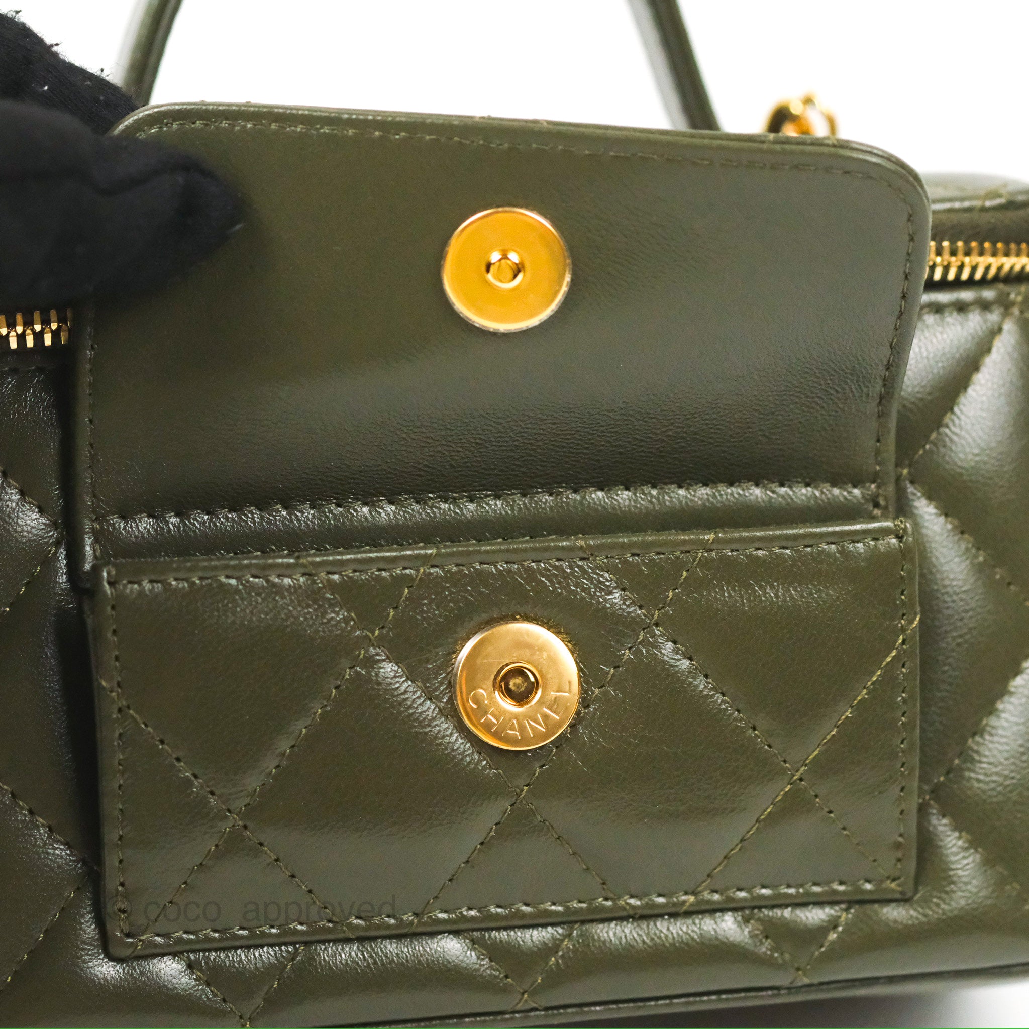 Chanel 22K Khaki Green Lambskin Cargo Pocket Top Handle Vanity Bag with Chain - Luxury Crossbody Purse for Women, Perfect for Date Night & Evening Events