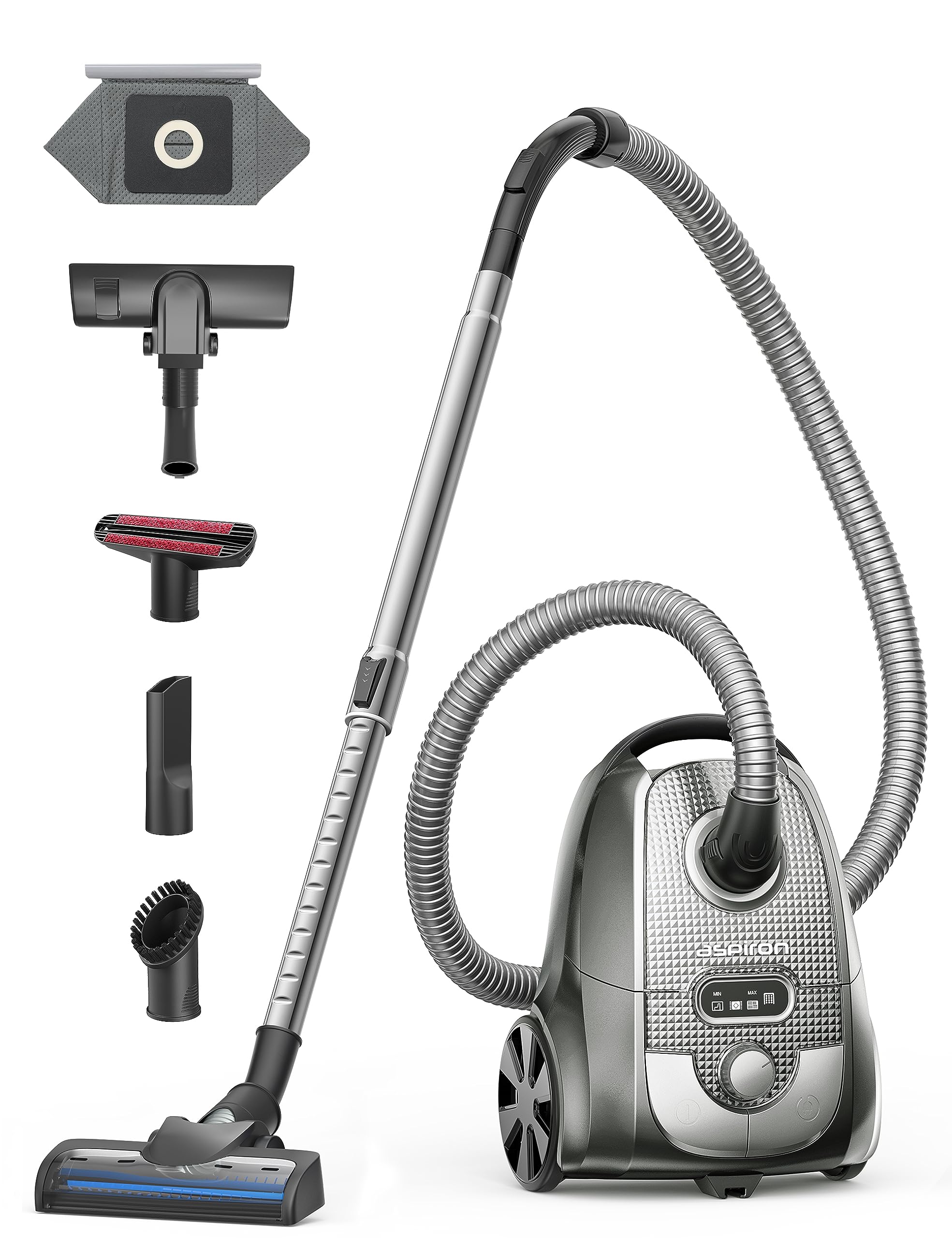 Aspiron Powerful Canister Vacuum Cleaner with HEPA Filtration - Lightweight & Quiet for Hardwood Floors & Carpets - Perfect for Pet Hair, Home Cleaning & Allergy Relief (Grey)