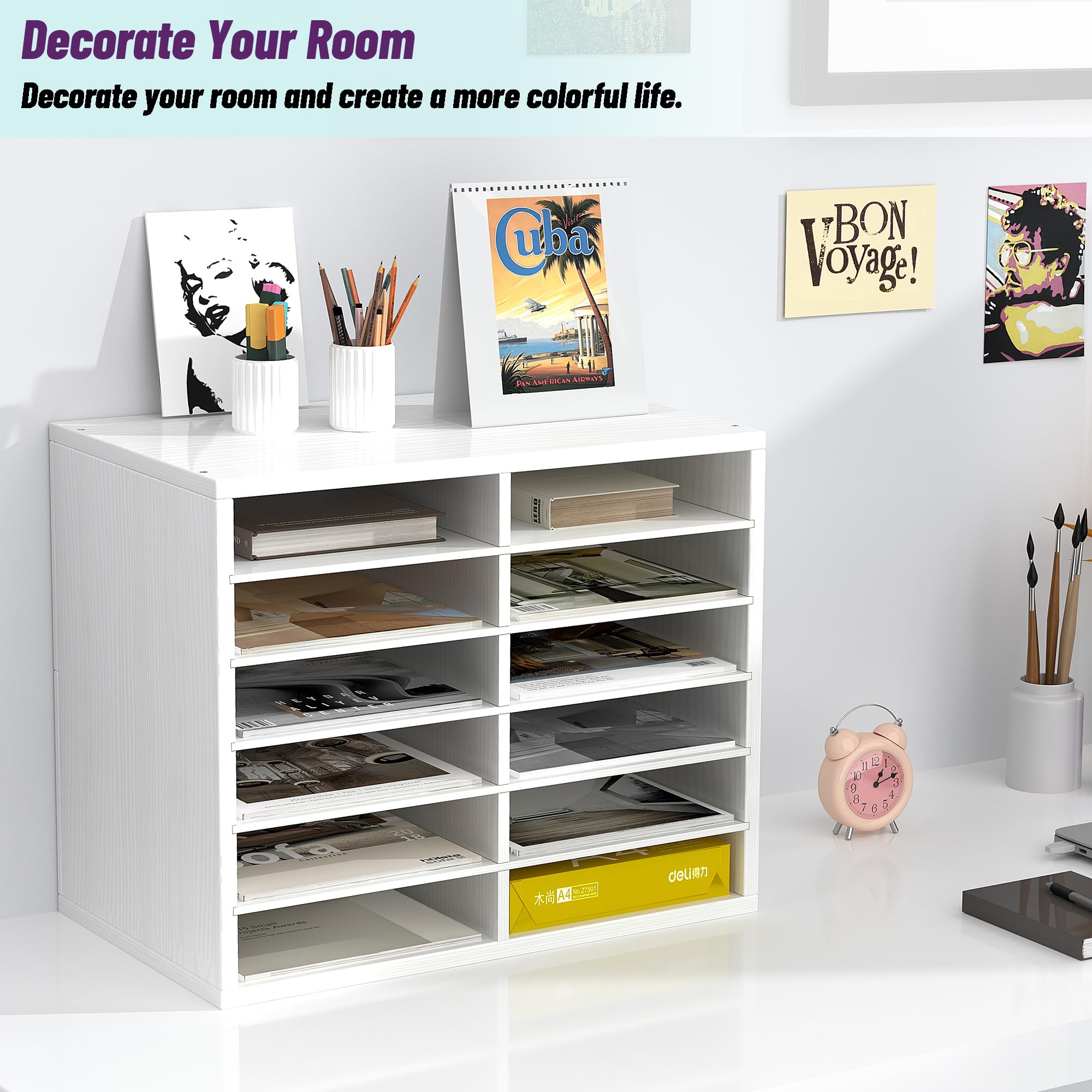 12-Drawer Wooden Desk Organizer with Adjustable Shelves - Office File Storage, Wrapping Paper Organizer & Document Holder for Home, Classroom or Workspace - White (Perfect for Decluttering Desks, Organizing Supplies & Storing Important Files)