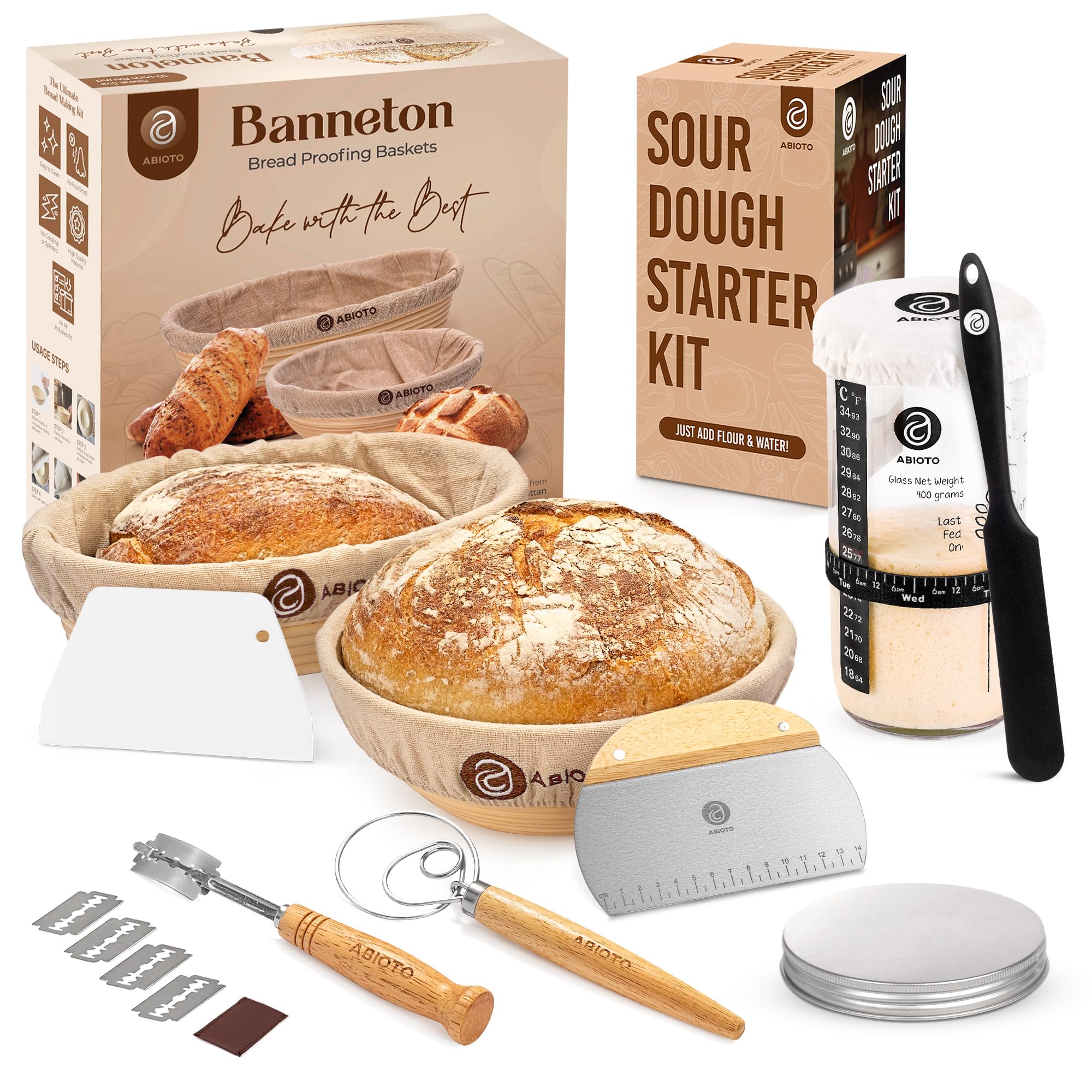 Ultimate Sourdough Bread Baking Kit - Complete Starter Kit with Proofing Baskets, Glass Jar, Bread Lame, Scrapers & Danish Whisk for Homemade Artisan Bread | Perfect for Beginners & Bakers | Ideal for Home Baking, Gifts & Culinary Enthusiasts