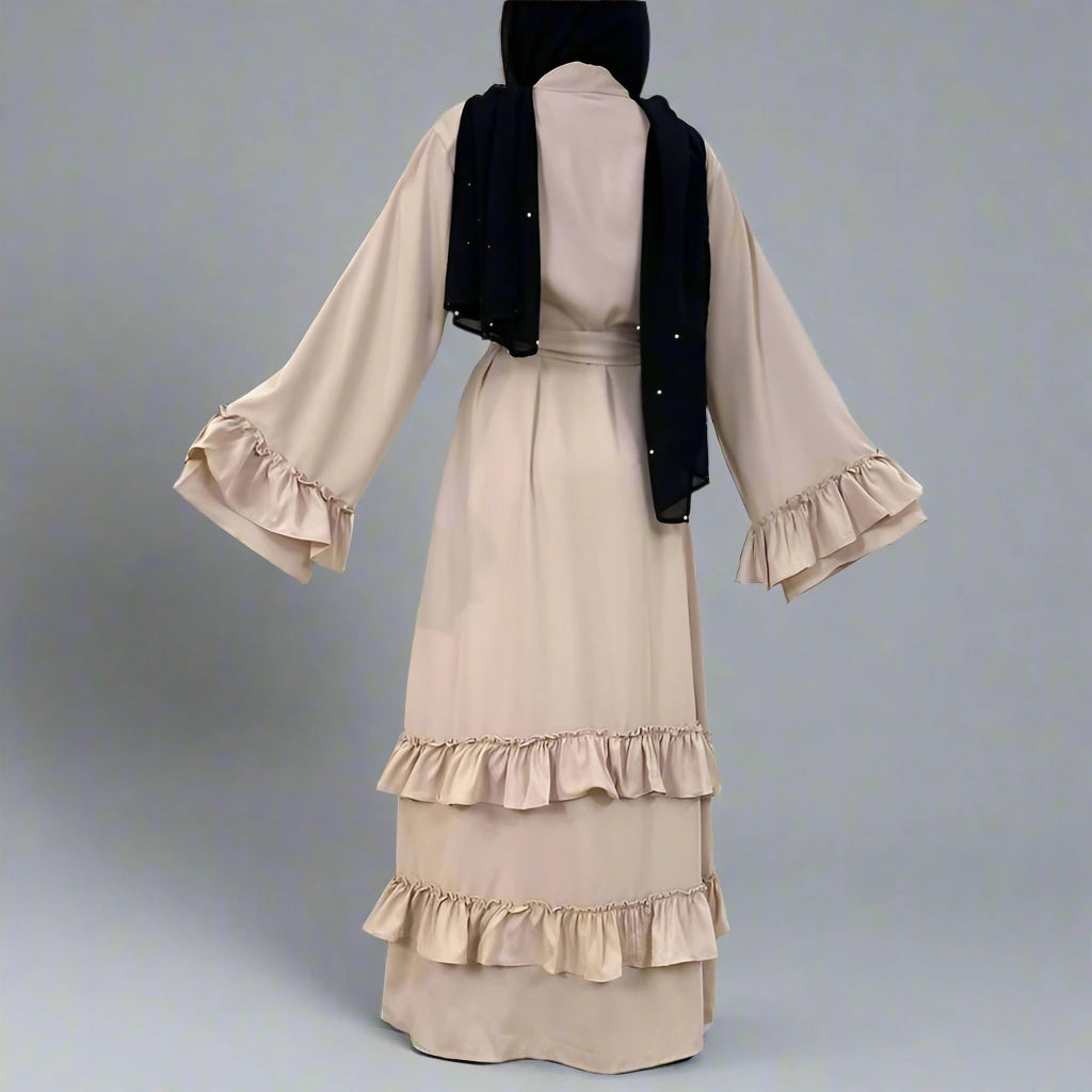 Elegant Muslim Women's Ruffle Sleeve Cardigan Open Robe Abaya Dress - Modest Islamic Clothing for Prayer, Home & Special Occasions