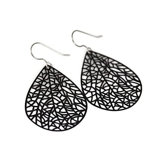 Hypoallergenic Titanium Filigree Dangle Earrings - Lightweight Teardrop Leaf Cutout Design (Black) | Perfect for Parties, Weddings & Everyday Wear