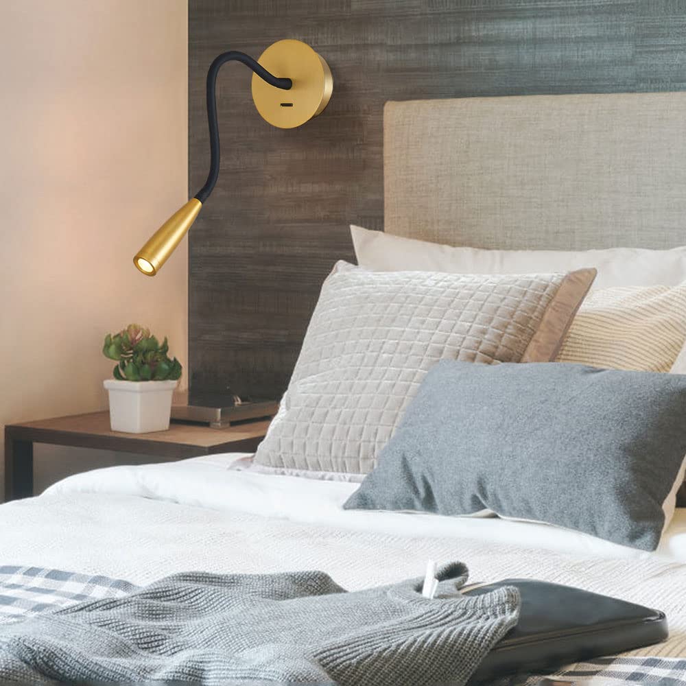 2 Pack Flexible LED Gooseneck Bedside Reading Lamps - Gold Metal Wall Mounted Sconce with Switch for Bedroom, Living Room & Headboard Lighting | Perfect for Night Reading, Study & Relaxation