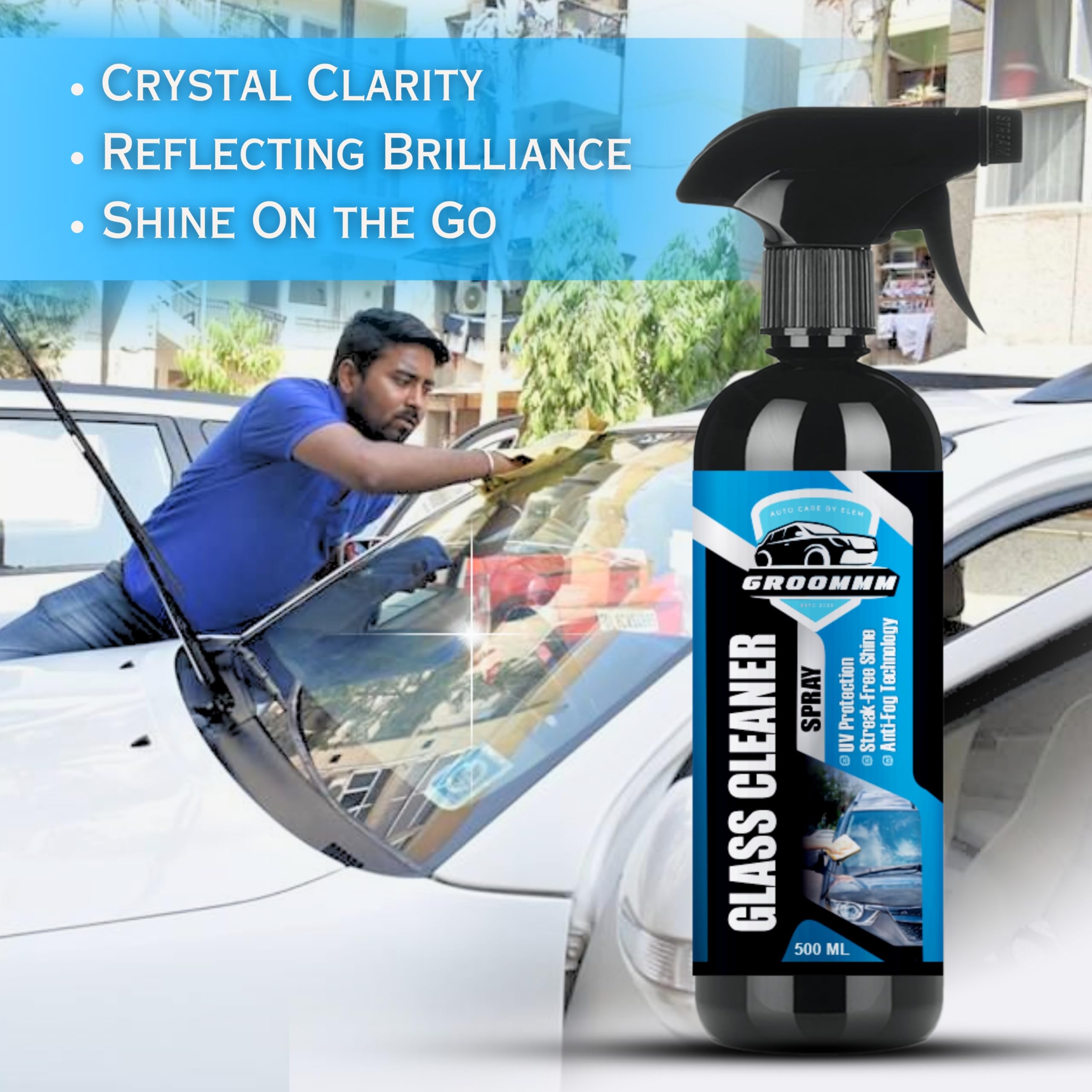 Premium Car Glass Cleaner Spray & Exterior Shine Polish (500ML X 2) - Streak-Free Windshield Cleaner, Auto Body Detailing Spray with Microfiber Cloth - Perfect for Car Wash, RV, Motorcycle & Boat Cleaning