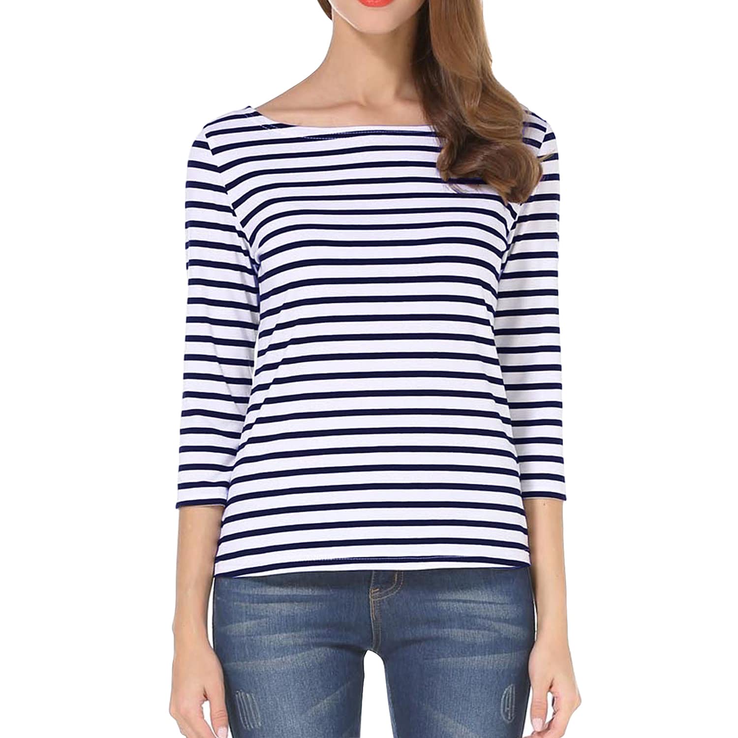 Tulucky Women's Casual Long Sleeve Striped T-Shirt - Soft Round Neck Blouse for Everyday Wear | Perfect for Work, Weekend Outfits & Layering