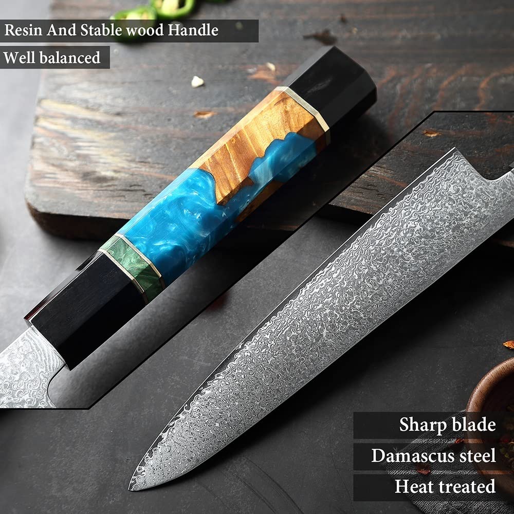 Premium 6-Piece Damascus Steel Kitchen Knife Set - Chef, Cleaver, Paring & Kiritsuke Knives with Resin & Horn Handle - Perfect for Home Chefs & Culinary Enthusiasts - Ideal for Slicing, Dicing & Food Prep (Color: B8800-2pcB)