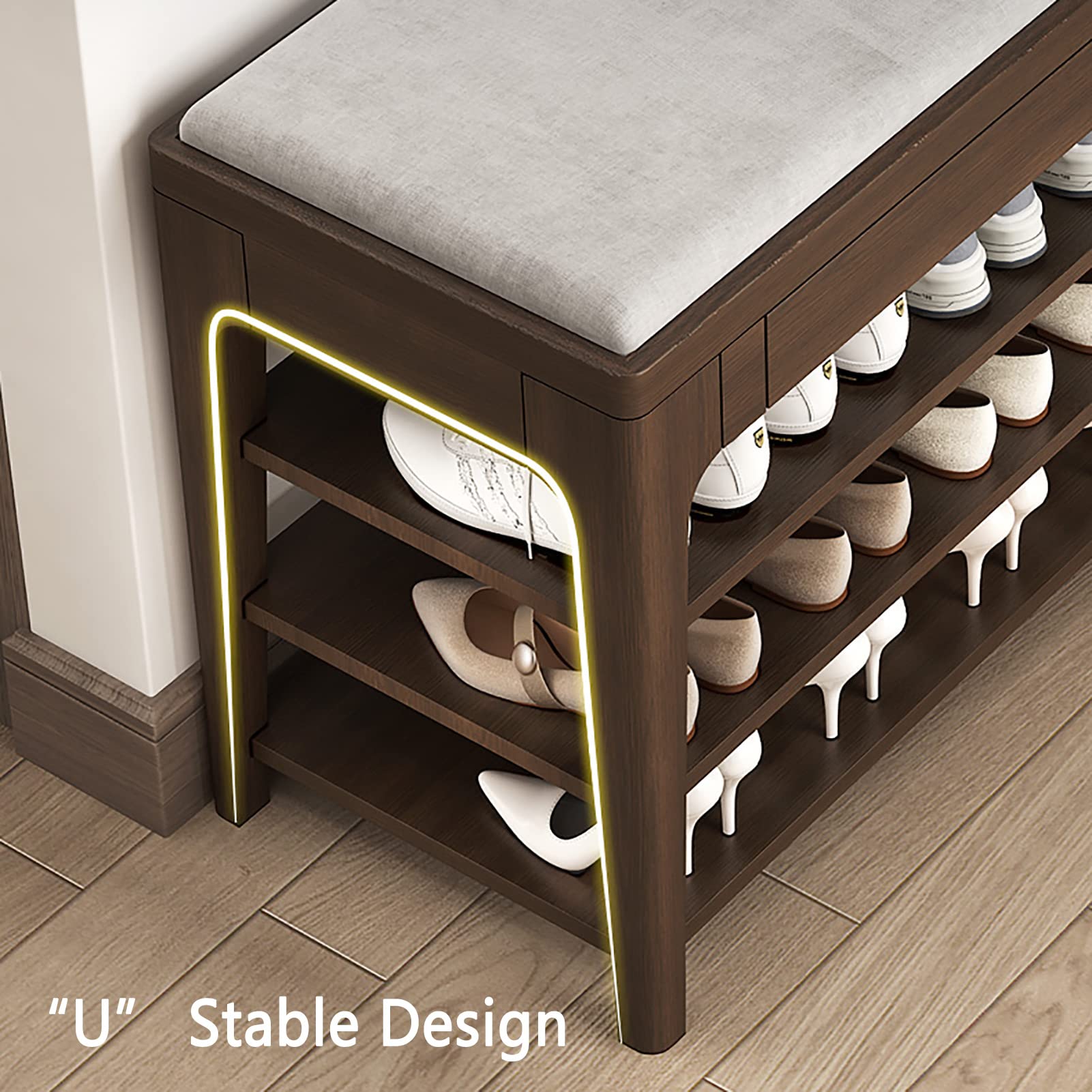 Solid Wood Entryway Shoe Bench with Drawer - Upholstered Storage Organizer with Cotton Linen Cushion, 2-Tier Dark Walnut (100x35x45cm) - Perfect for Hallway, Mudroom & Small Space Organization