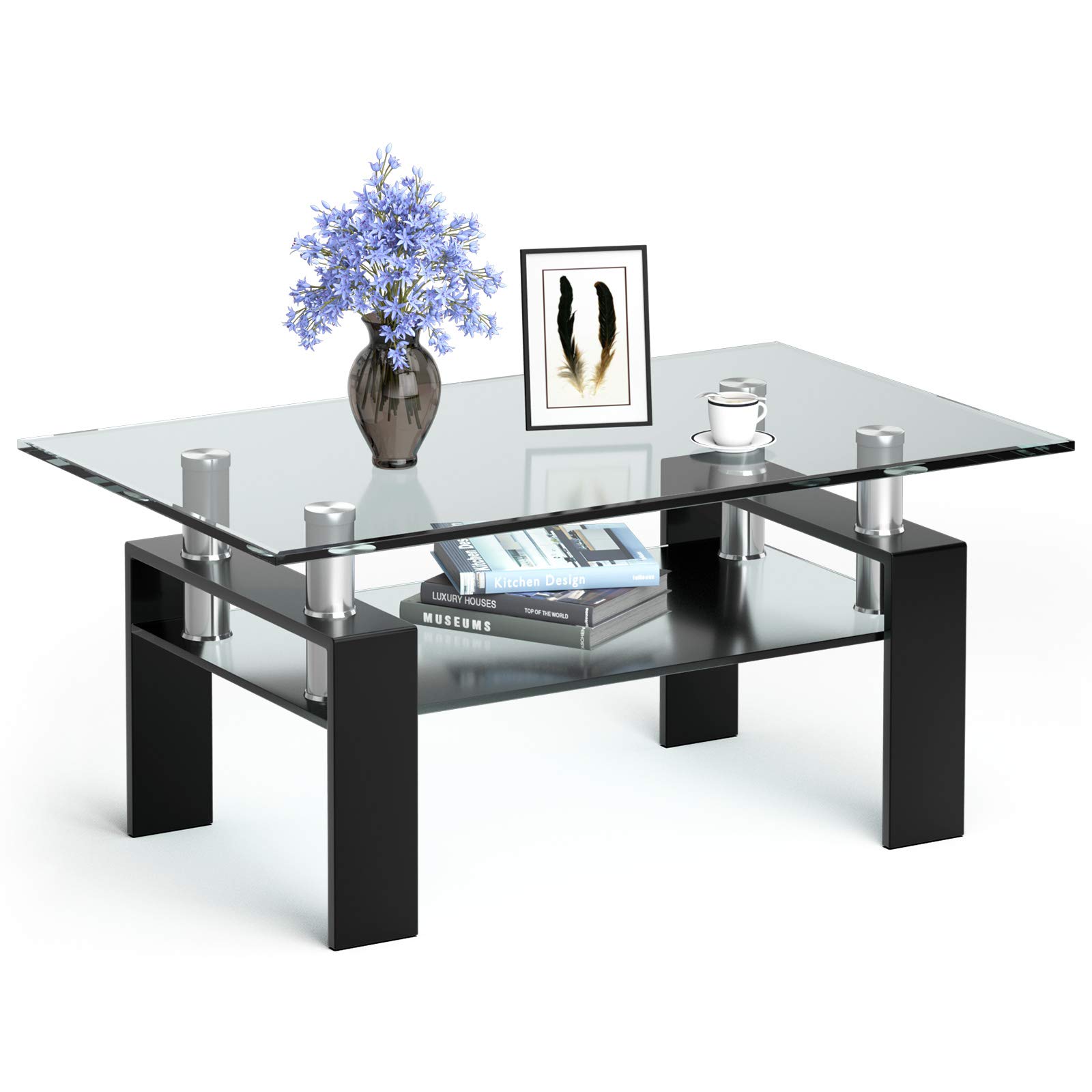 Tangkula Modern Rectangular Glass Coffee Table with Lower Shelf - Tempered Glass Top & Sturdy Metal Legs - Perfect for Living Room, Office, or Lounge (Black) - Ideal for Coffee, Books, and Decor Display