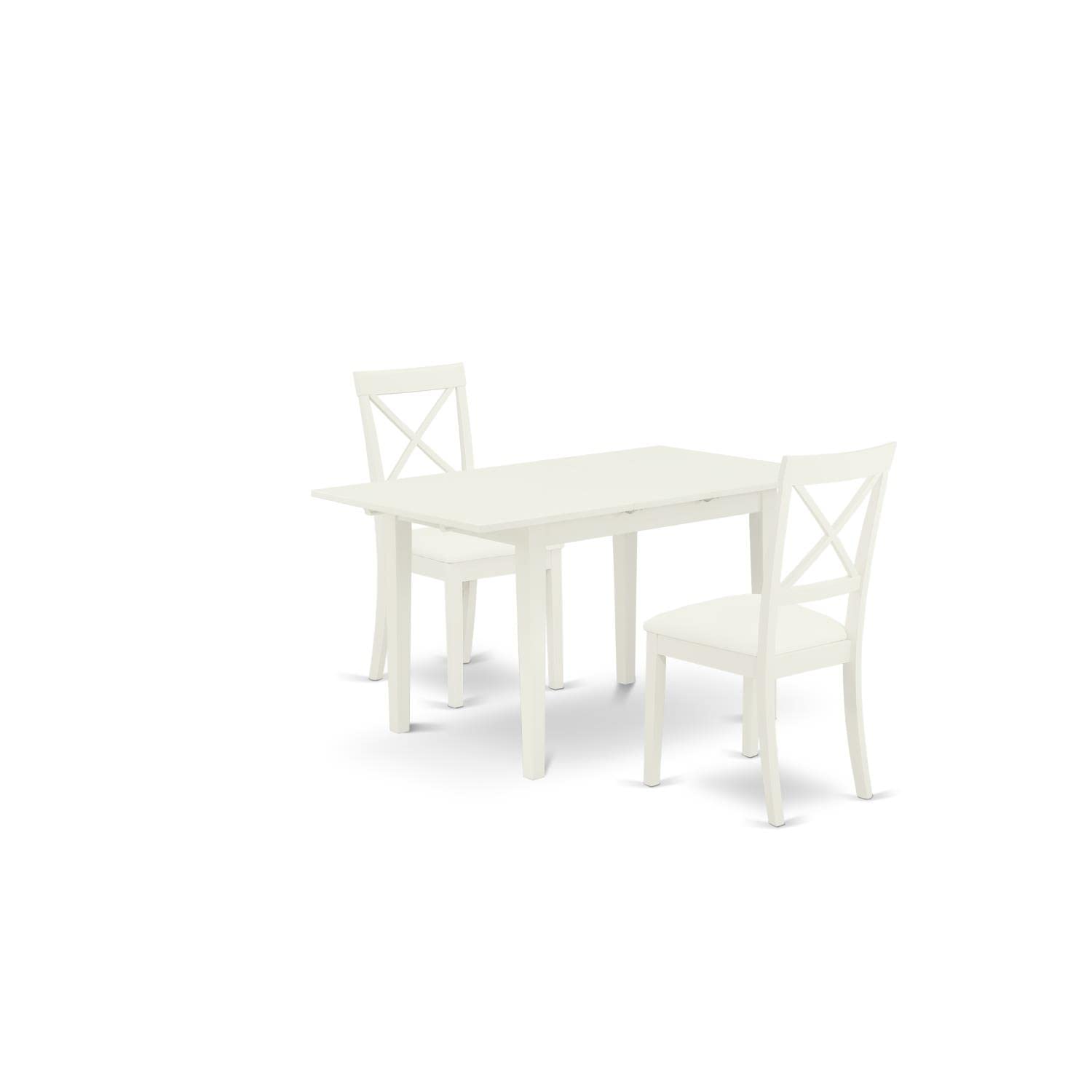 East West Furniture NOBO3-WHI-LC 3-Piece Kitchen Table & Chairs Set - 32x54 Inch Rectangle Dining Table with Butterfly Leaf & 2 Faux Leather Chairs, Linen White - Perfect for Small Dining Rooms, Breakfast Nooks & Cozy Apartments