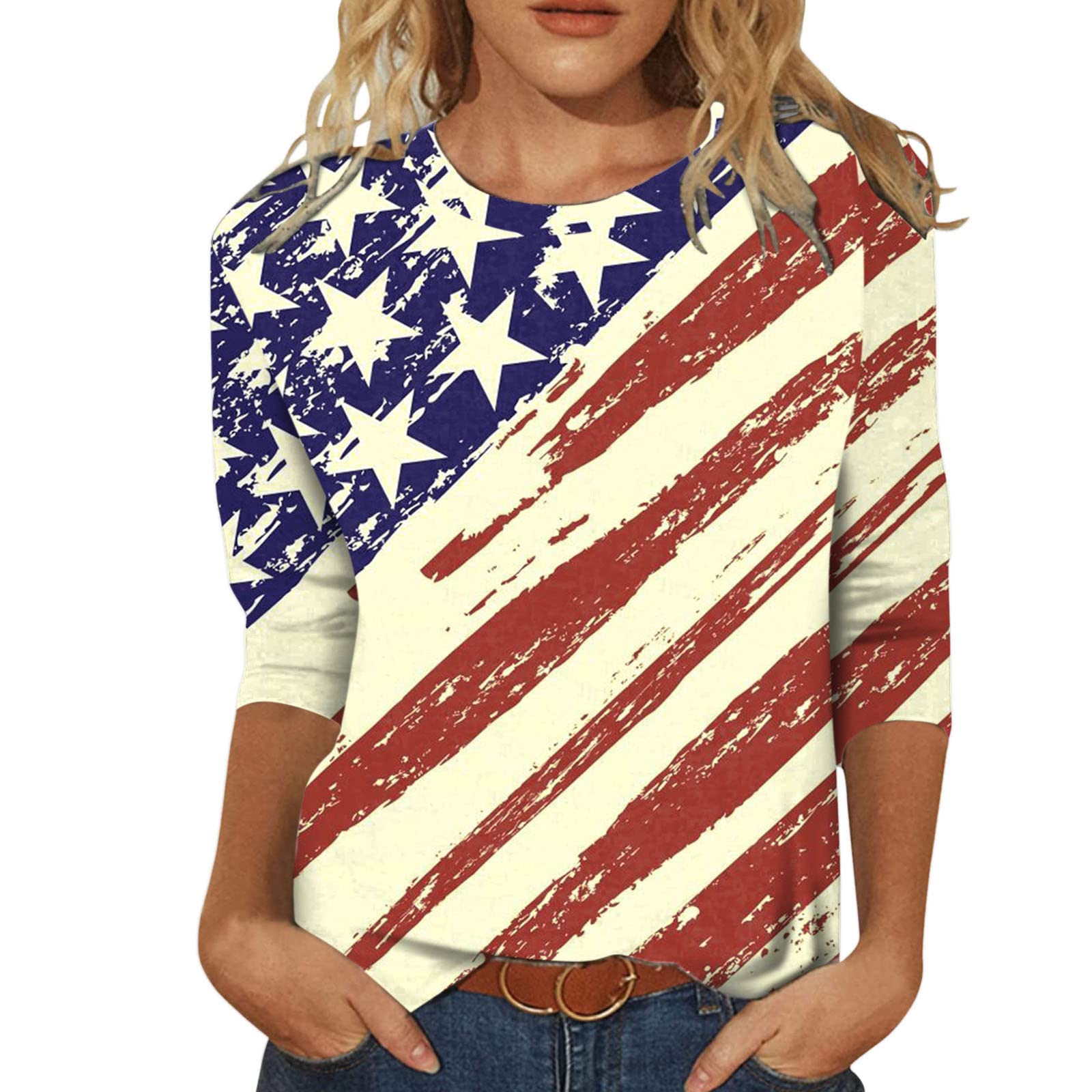 American Flag Print Women's Summer Tops - Fashion Round Neck Casual 3/4 Sleeve T-Shirt & Tunic Blouse | Perfect for 4th of July, Beach Outings & Patriotic Events