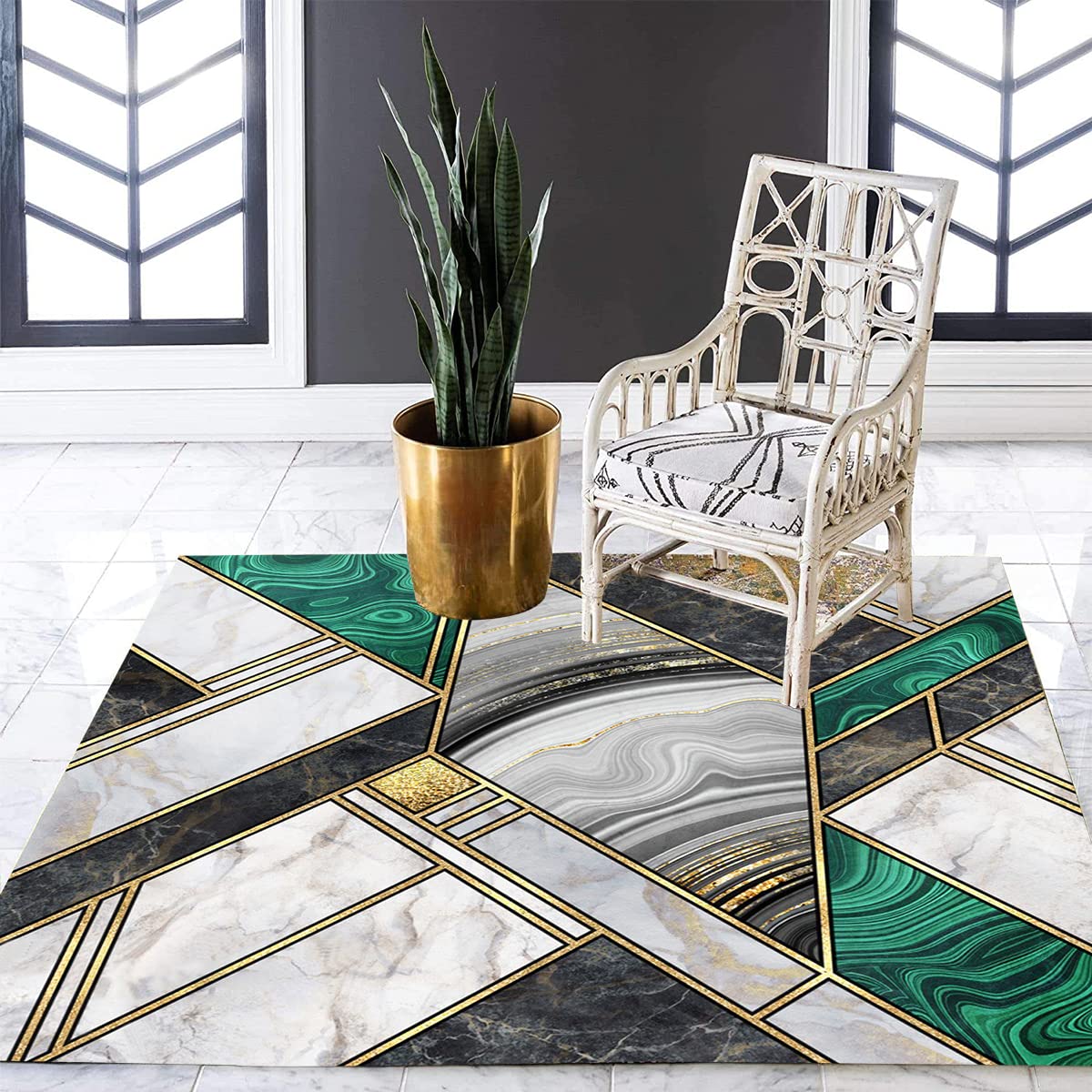 5x5 Grey Gold Green Marble Swirl Abstract Modern Area Rug - Square Geometric Pattern Washable Soft Carpet for Living Room, Bedroom, Home Office - Perfect Under Dining Table & Lux Art Decor Floor Mat
