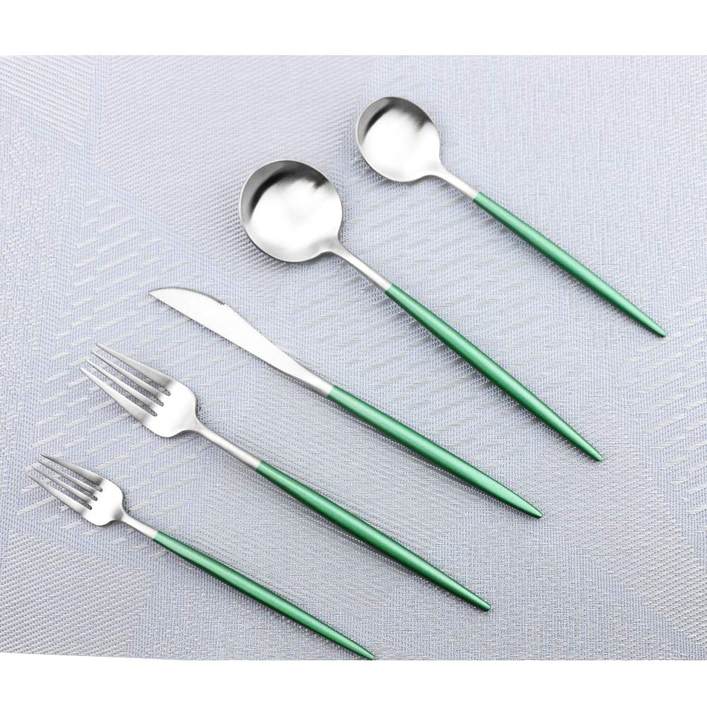 Premium 5-Piece Stainless Steel Flatware Set - 18/10 Rustproof Silverware for Home, Kitchen, Restaurant & Travel - Matte Finish with Green Handle - Elegant Tableware for Everyday Dining, Gifts & Special Occasions
