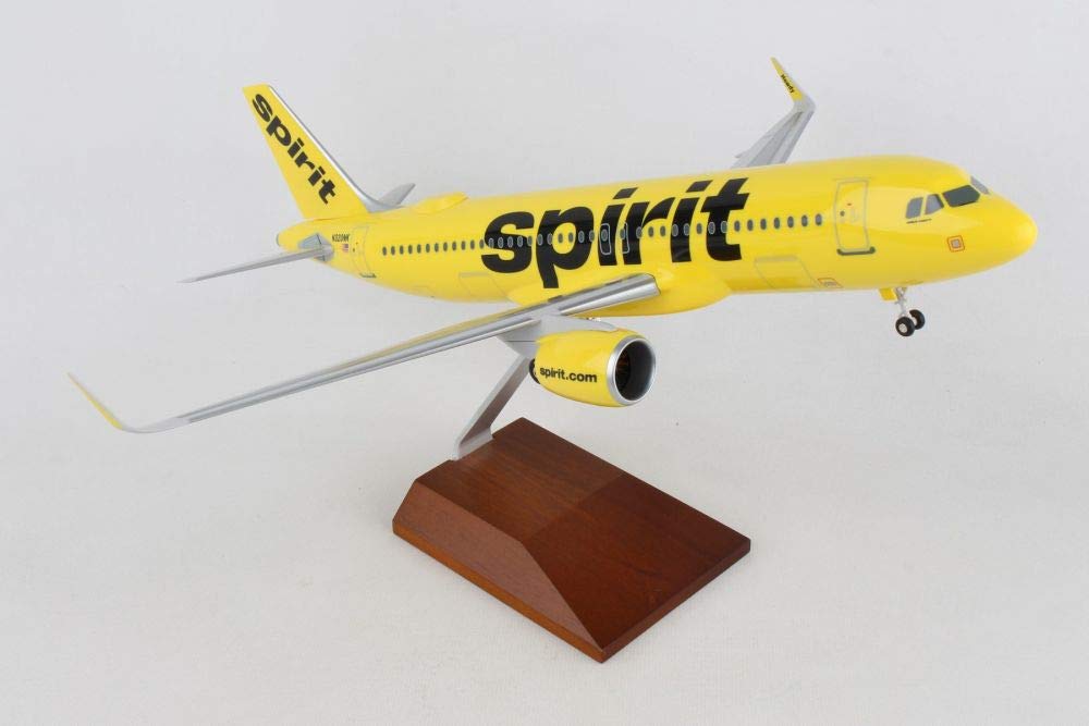 Daron Spirit Airlines A320neo 1/100 Scale Model Airplane with Wood Display Stand, Landing Gear & WiFi Dome - Perfect for Aviation Enthusiasts, Home Office Decor & Collectors Display