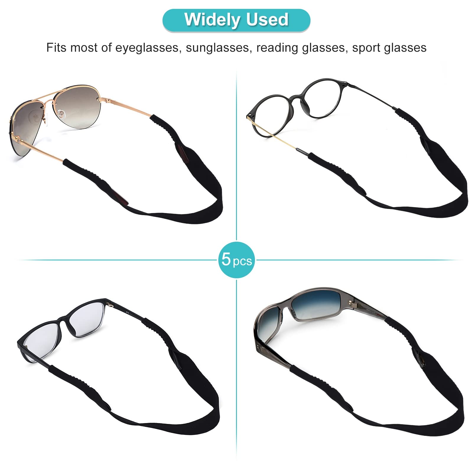 5-Pack Neoprene Glasses Straps - Anti-Slip Sports Eyewear Holder for Reading & Active Lifestyles - Perfect for Running, Hiking, Swimming and Outdoor Activities