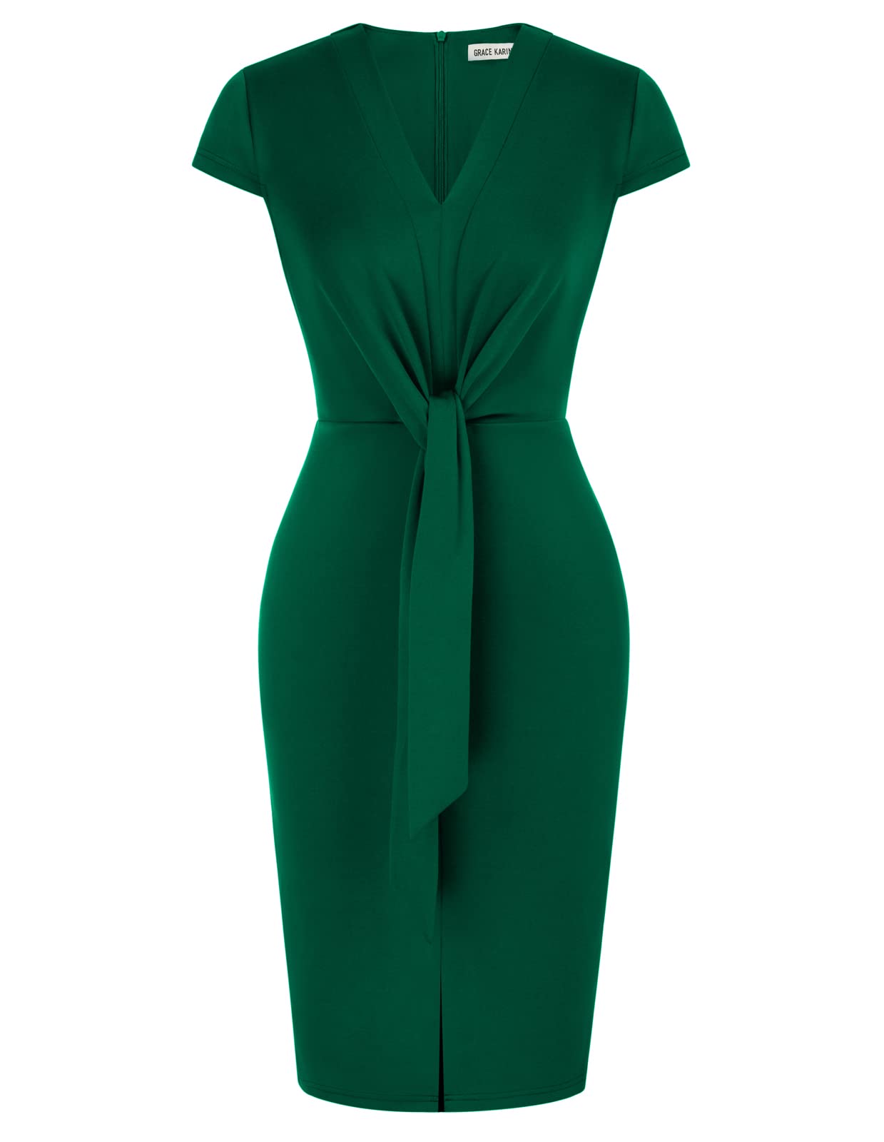 GRACE KARIN Women's Summer Midi Dress - Cap Sleeve, Tie Waist, V-Neck Bodycon Work Dress with Side Slit | Business Casual Office Wear, Date Night Outfit, Cocktail Party Dress