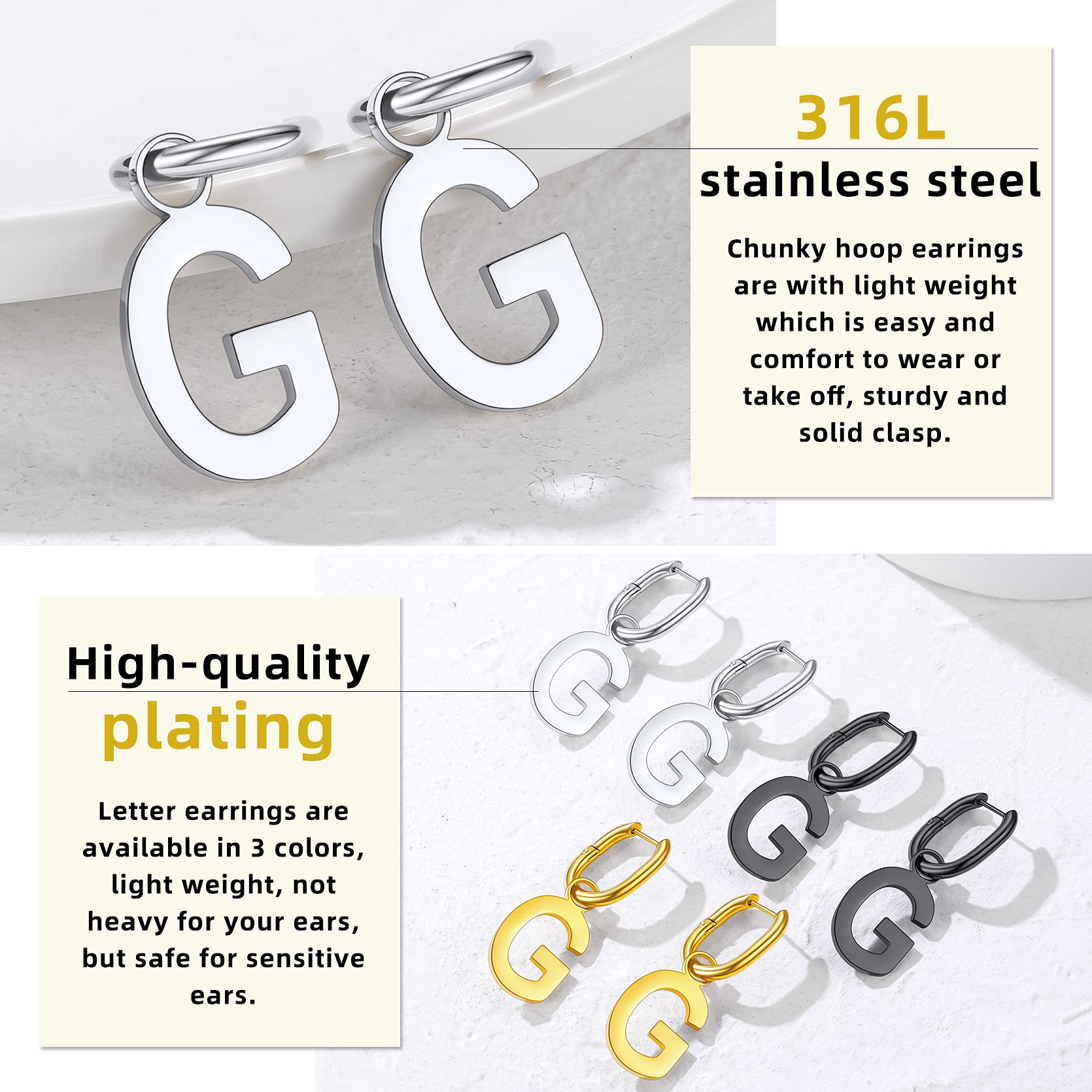 GoldChic Women's Stainless Steel Initial Letter Hoop Drop Earrings - U-Shaped Alphabet Statement Jewelry for Everyday Wear & Gift Giving
