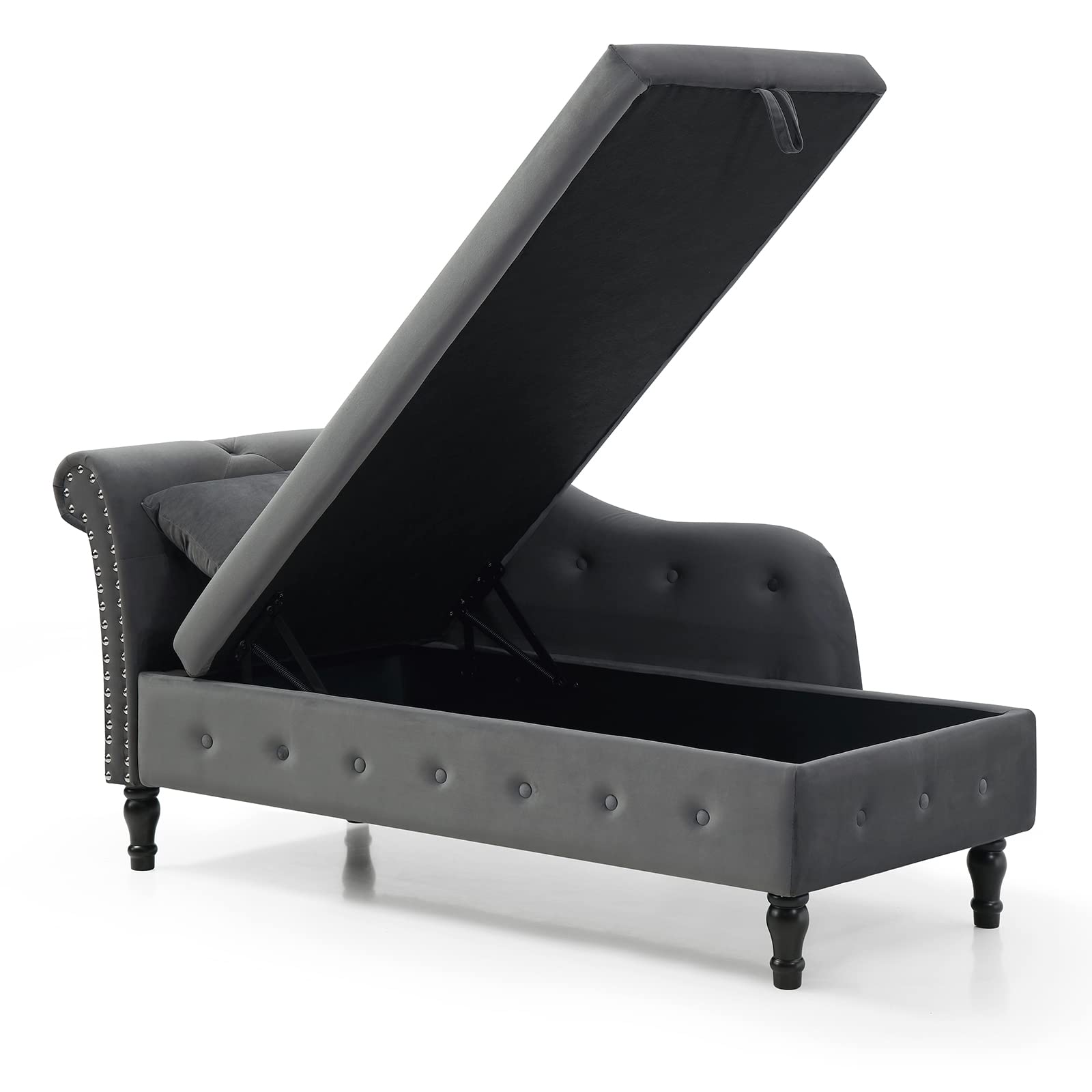 Velvet Upholstered Chaise Lounge Chair with Storage & Pillow - Modern Rolled Arm Design with Nailhead Trim - Perfect for Living Room, Bedroom, Home Office & Small Spaces (Grey) - Great for Relaxing, Reading or Napping