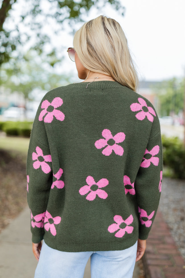 Olive & Pink Floral V-Neck Sweater for Women | Cozy Knit Pullover | Perfect for Fall & Winter Layering | Casual Outfits & Date Nights