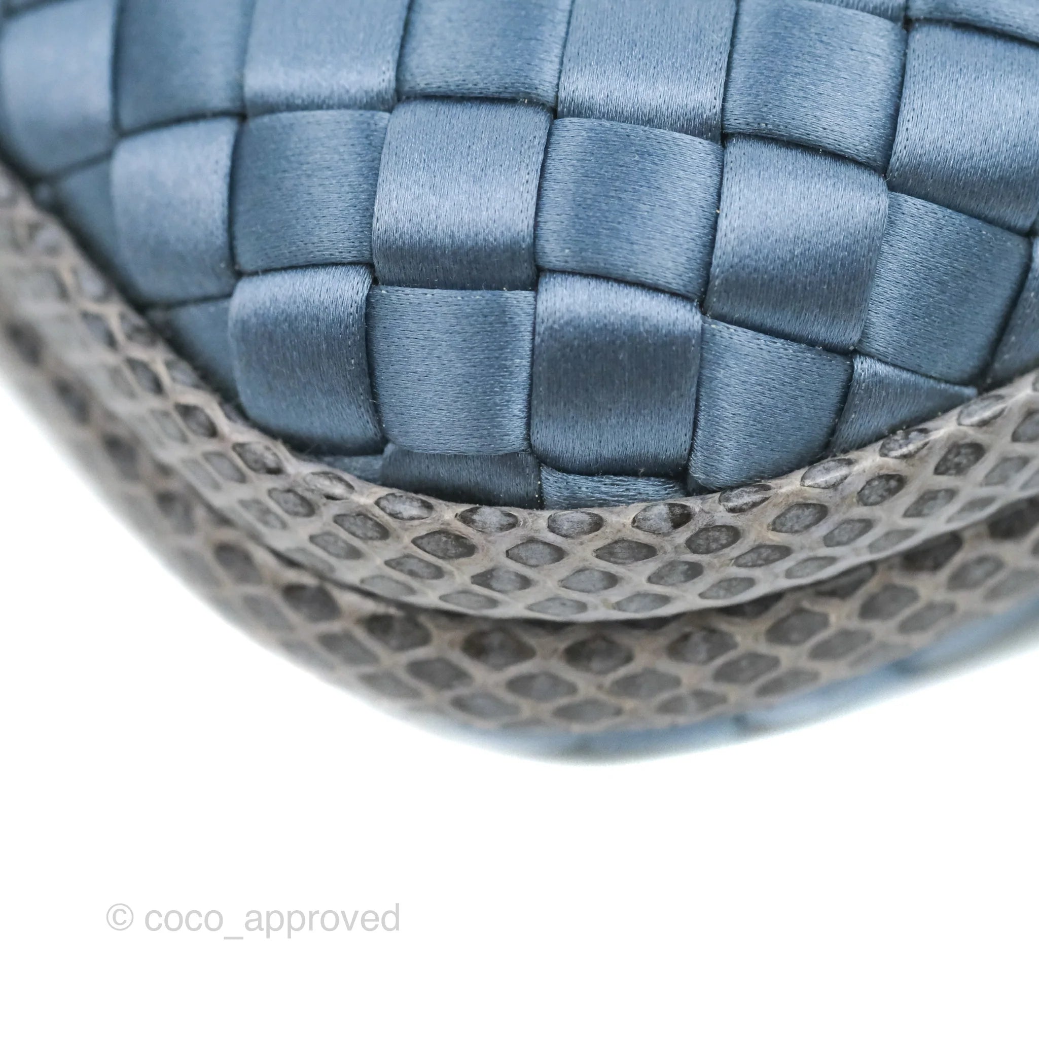 Bottega Veneta Ayers Satin Intreccio Stretch Knot Clutch Bag in Navy Blue | Luxury Evening Clutch for Women | Perfect for Parties, Weddings & Special Occasions