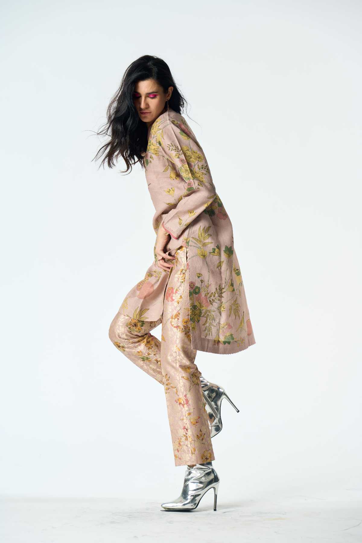 Elegant V Neck Kurta in Muga Satin - Champagne Pink Color for Women | Perfect for Festivals, Weddings & Special Occasions