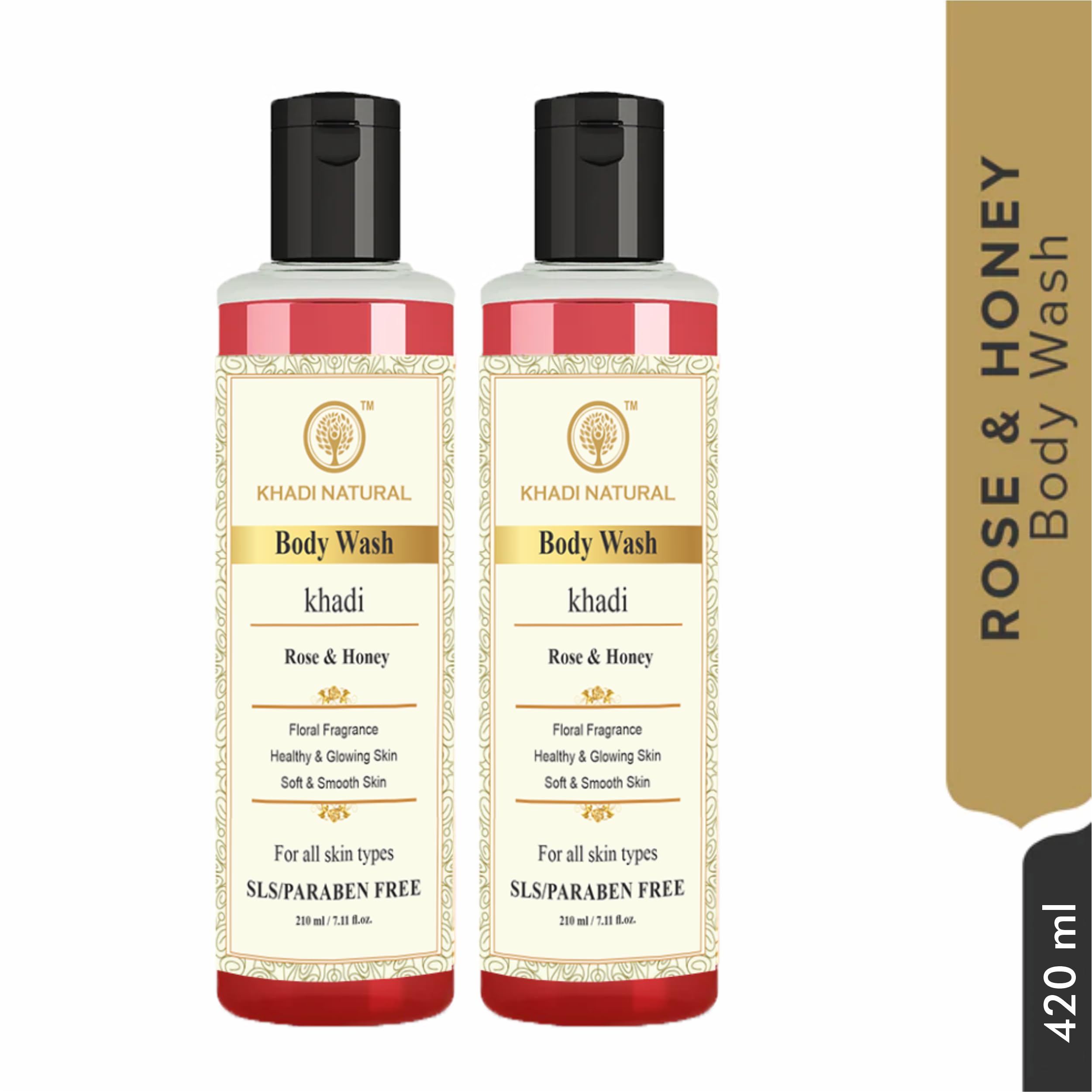 Khadi Natural Rose & Honey Body Wash - SLS & Paraben Free, 210ml (Pack of 2) | Moisturizing & Gentle Cleansing for Dry & Sensitive Skin | Perfect for Daily Shower & Spa Relaxation at Home