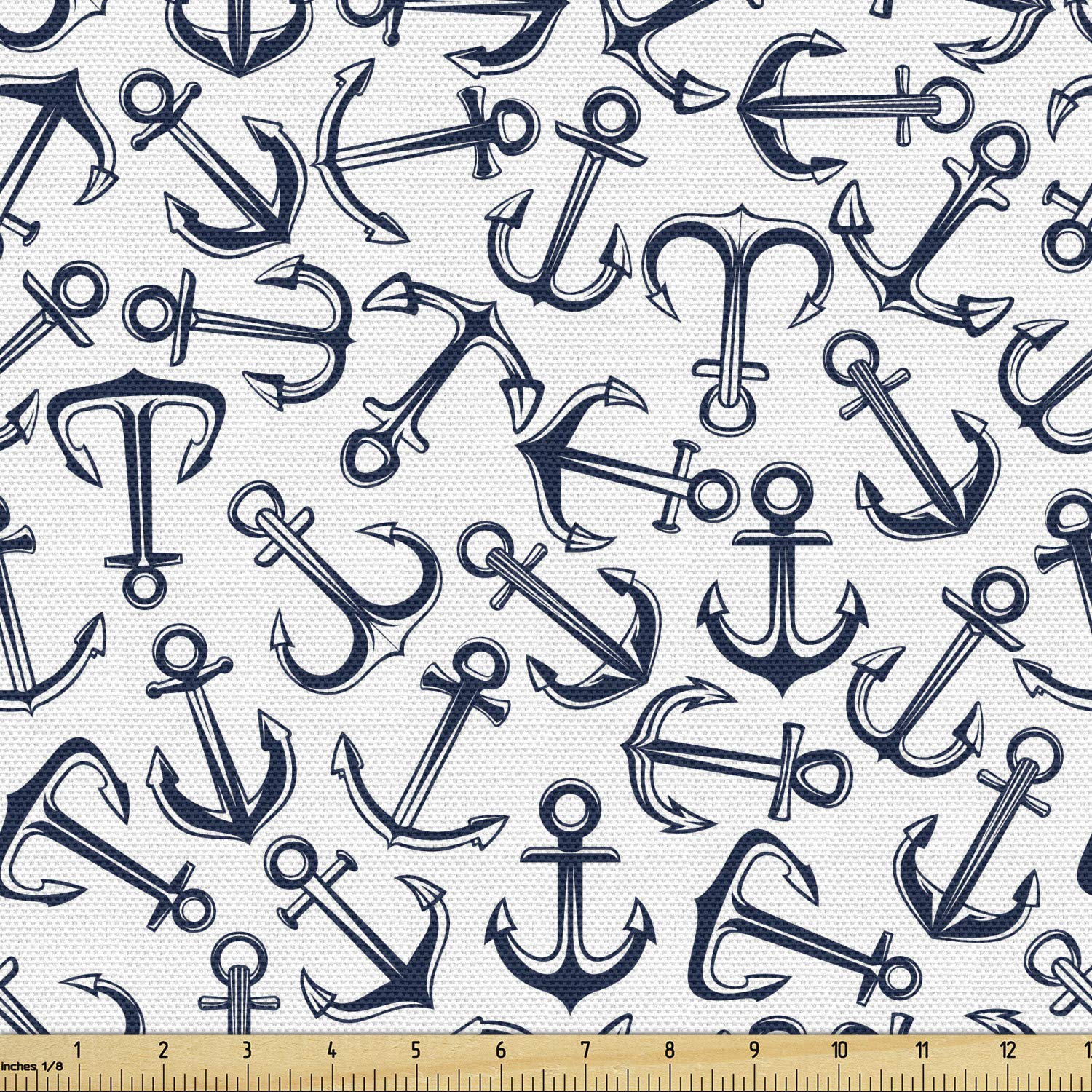 Ambesonne Anchor Fabric by The Yard - Dark Blue & White Nautical Print Upholstery Fabric for Sofa, Curtains & Home Decor (5 Yards) | Perfect for Coastal, Maritime & Beach House Interior Design