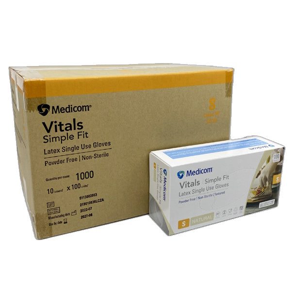Medicom Vitals Latex Disposable Gloves - 100 Count Box, Powder Free & Clear for Medical, Dental, Food Service & Home Use | Latex Exam Gloves for Healthcare Professionals & Personal Protection