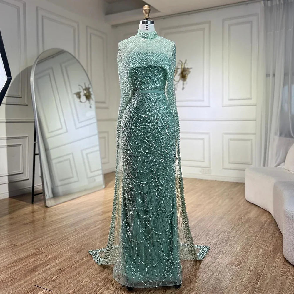 Elegant Green Pearl Evening Gown with Detachable Cape - LA72032 | Luxury Designer Dress for Prom, Gala & Formal Events