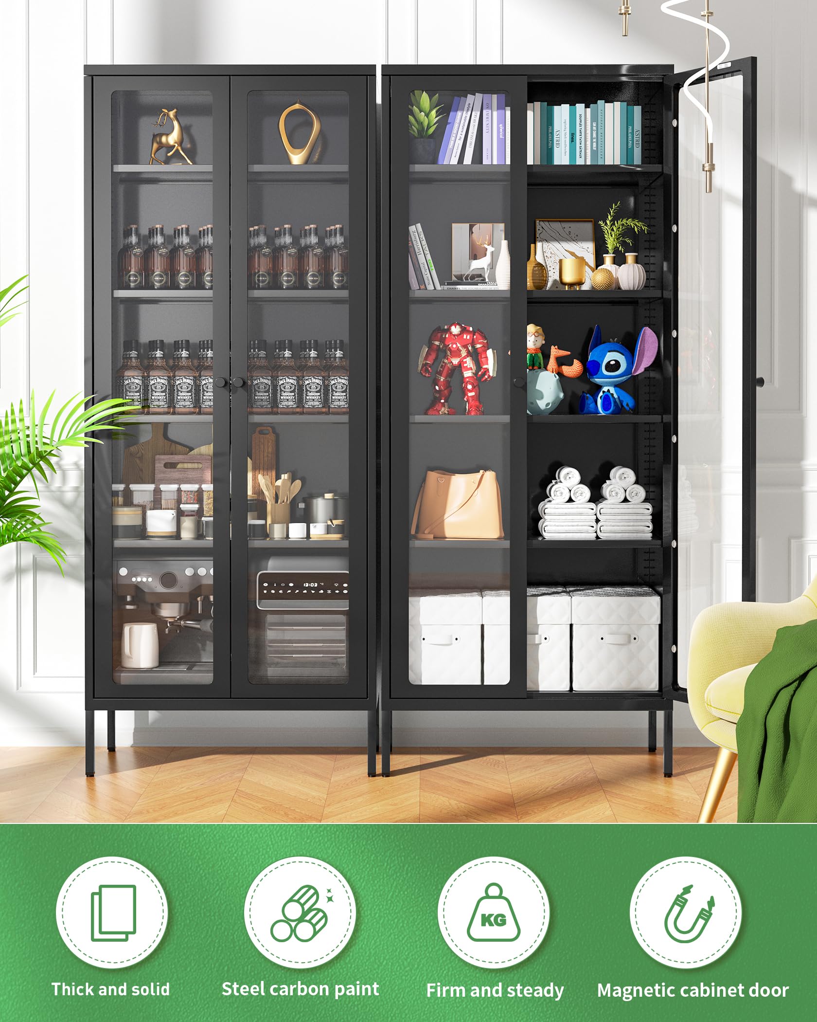 Greenvelly Black Metal Storage Cabinet with Glass Doors - 4-Shelf Modern Bookcase for Home Office, Living Room & Pantry - Display & Organize Collectibles, Books & Decor