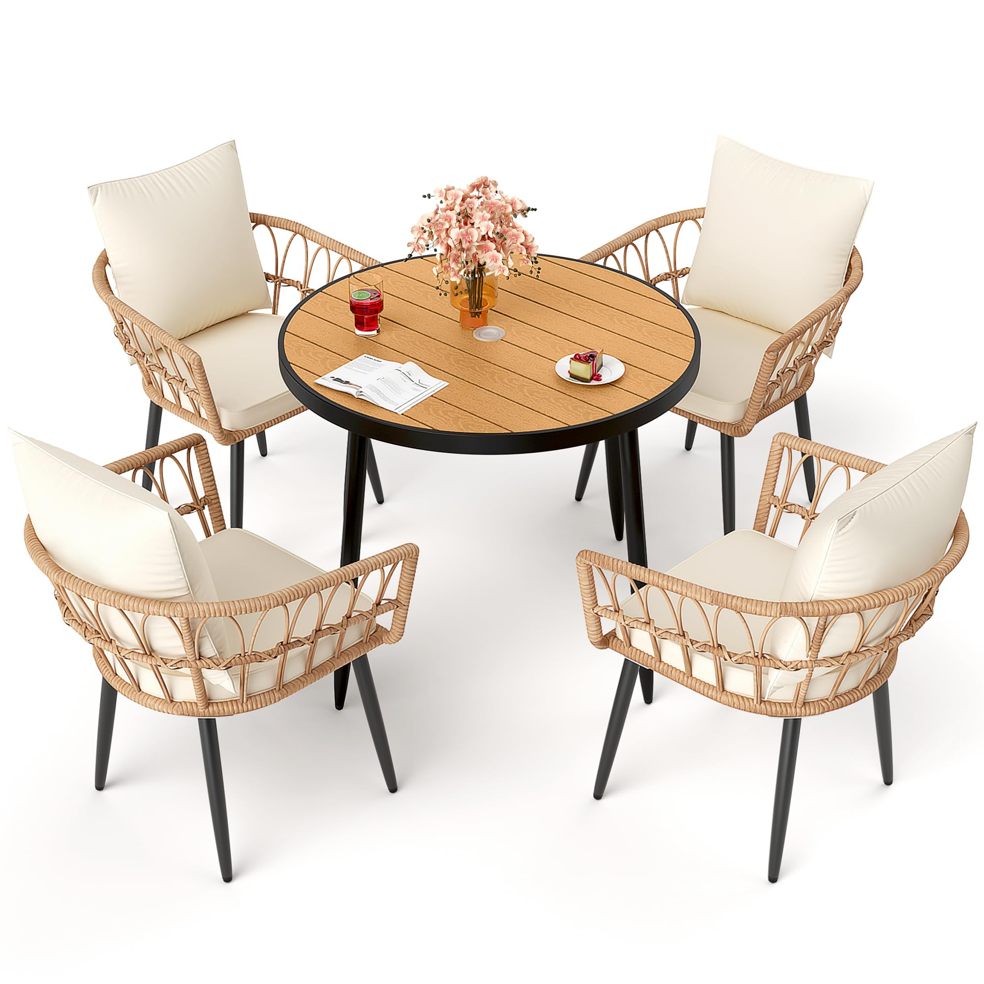**Pamapic 5-Piece All-Weather PE Rattan Patio Dining Set with Wood Table Top & Removable Cushions - Outdoor Furniture for Lawn, Garden, Backyard, and Poolside (Cream)**