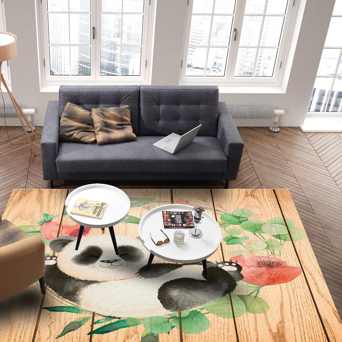 5' x 7' Panda Area Rug - Non-Slip Indoor Outdoor Rug with Floral Panda Design, Machine Washable for Easy Cleaning - Perfect for Living Room, Bedroom, Patio, Deck & Picnic Blanket - Soft & Durable Home Decor