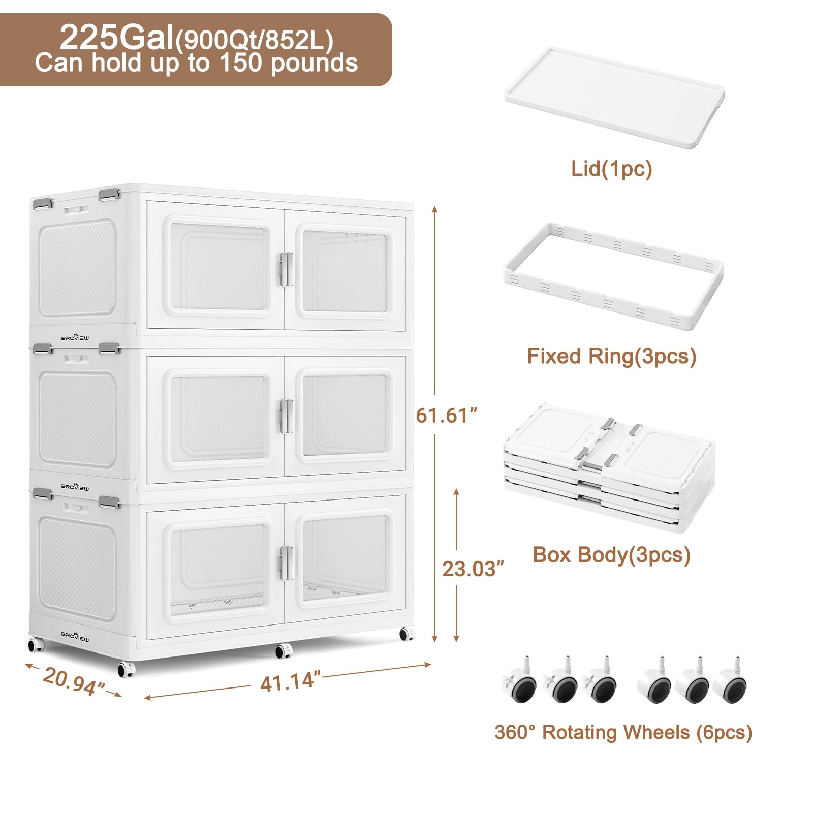 225 Gallon Extra Large Storage Bins with Lids - 900 Quart Heavy Duty Plastic Stackable Storage Containers with Wheels - Collapsible Closet Organizer & Storage Drawers for Cabinet, Bedroom, Office (3 Pack) - Perfect for Home Organization, Moving & Seasonal Storage