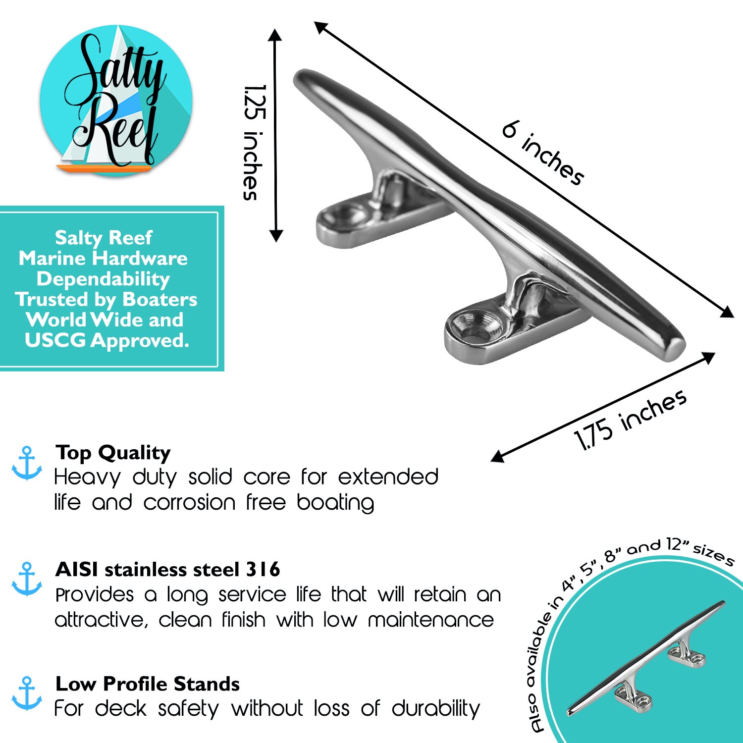 Heavy Duty 316 Marine Grade Stainless Steel Salty Reef Deck Cleat - Polished Finish for Boats, Docks & Marine Applications