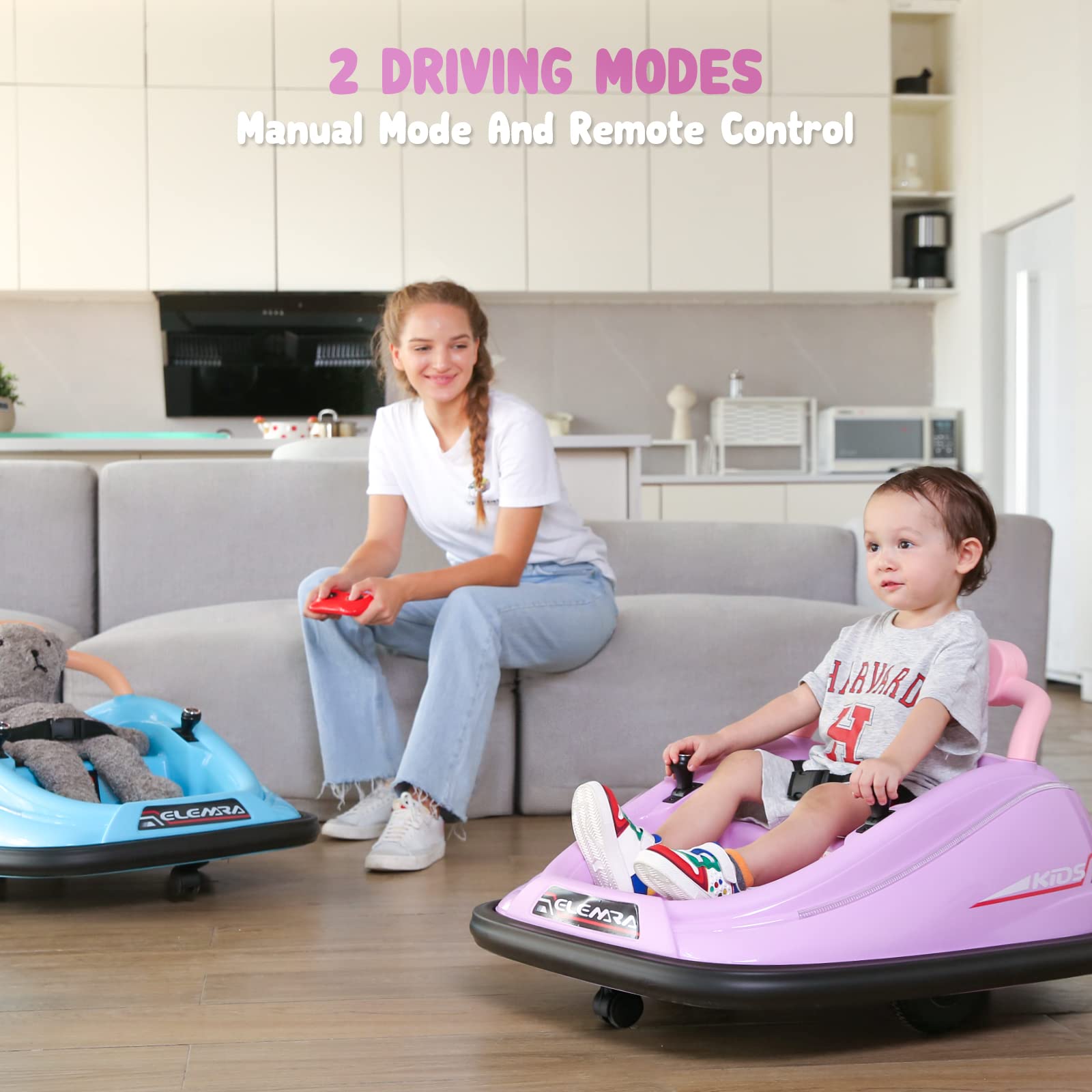 ELEMARA 12V Electric Bumper Car for Toddlers & Kids - Remote Control Ride-On Toy with 2 Speed Modes, Safety Belt, LED Lights & DIY Stickers - Large Purple Bumper Car for Indoor/Outdoor Play, Birthday Gifts & Family Fun