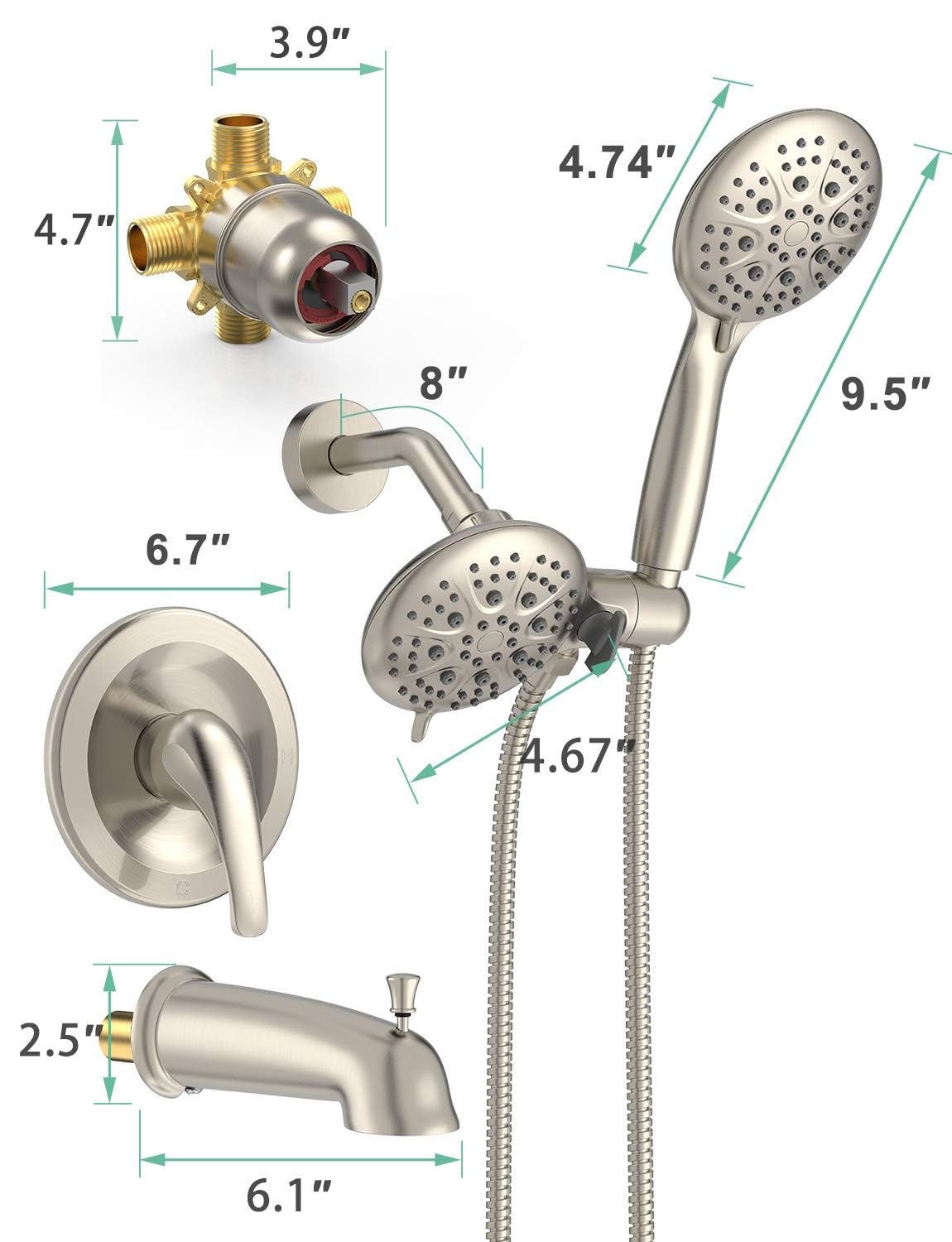 SR SUN RISE 35-Function Dual Shower System with Rain Shower Head & Tub Spout - High Pressure 2-in-1 Shower Combo Faucet Set in Brushed Nickel - Includes Patented 3-Way Diverter Valve - Perfect for Bathroom Renovation & Spa-Like Shower Experience