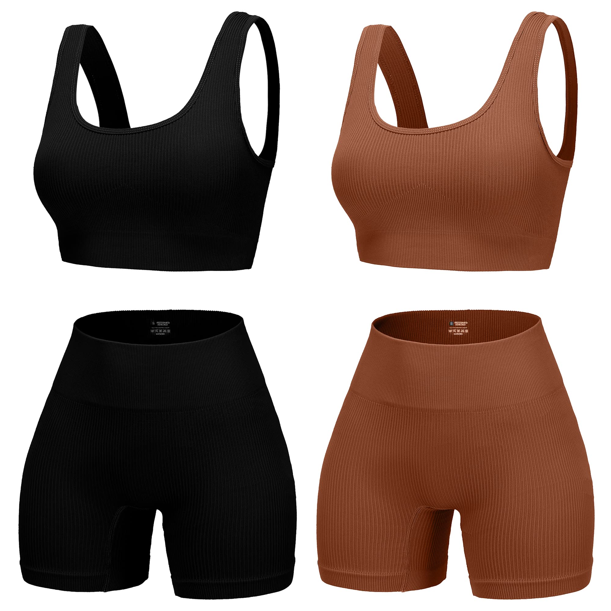 YWBIN Women's 4-Piece Seamless Ribbed Workout Set - High Waist Yoga Shorts & Sports Bra Outfits for Gym, Running & Yoga | Comfortable Activewear for Women