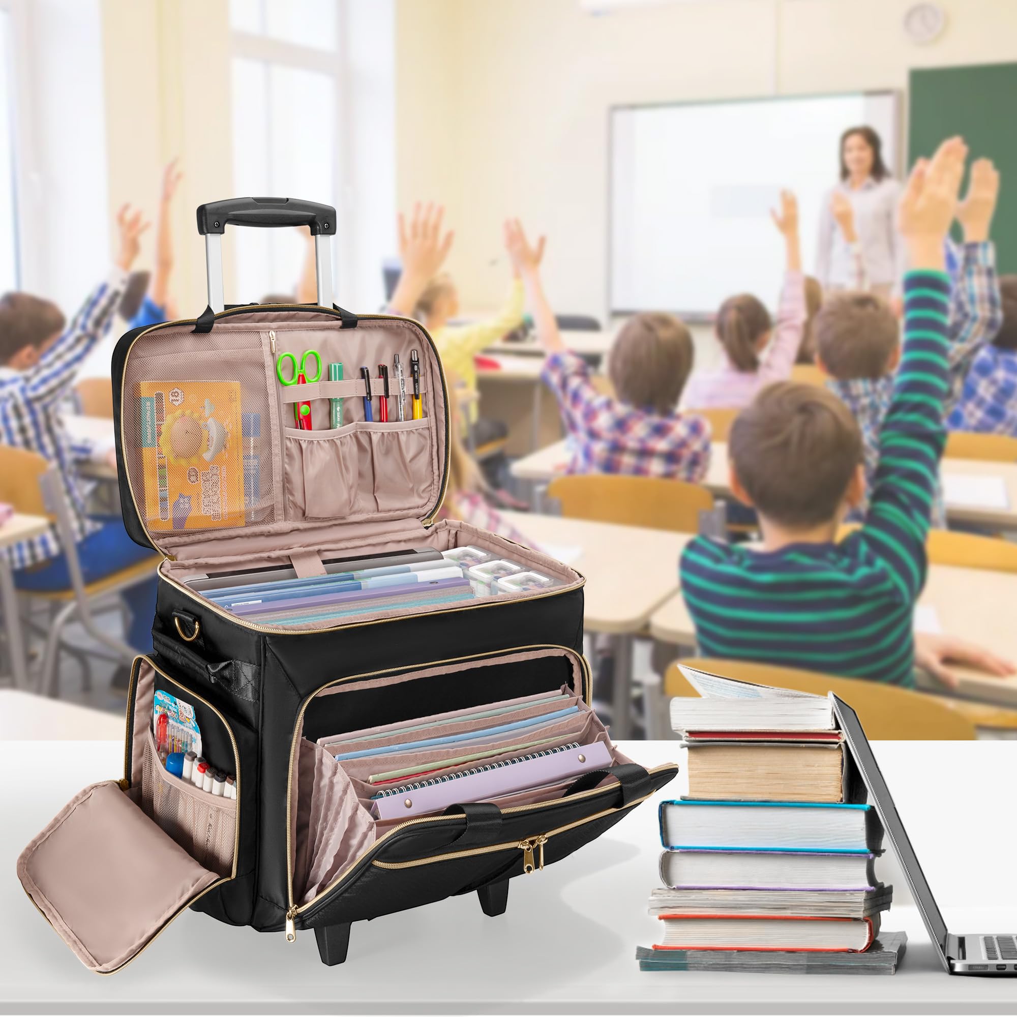 Rolling Teacher Bag with Wheels - Detachable Trolley Tote for 15.6 Inch Laptop (Patent Design) - Perfect for Classroom, School Supplies & Teacher Commute