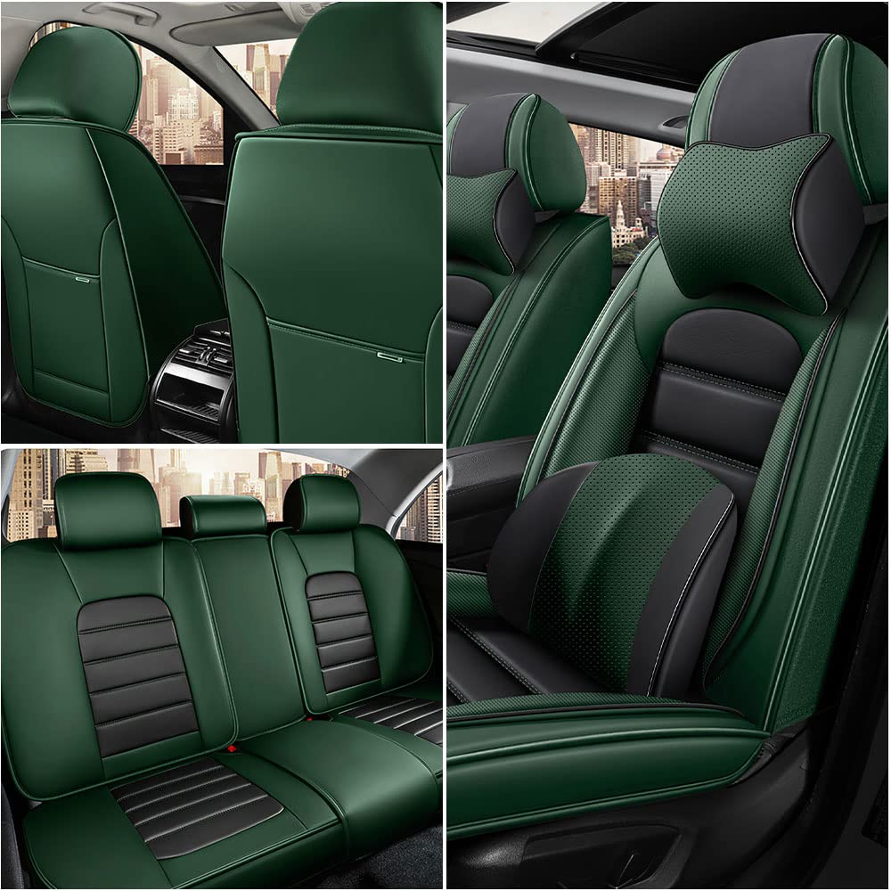 Premium Waterproof PU Leather Car Seat Covers for 2023 Ford Maverick - Soft Breathable Seat Protectors with Storage Pockets (Black & Green, Full Set Includes Neck Pillow) - Perfect for Road Trips, Daily Commutes & Off-Road Adventures