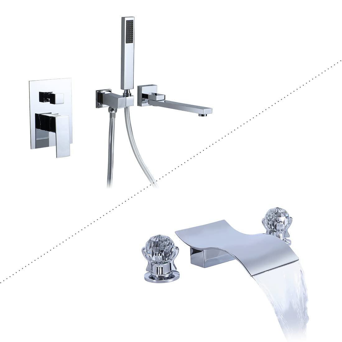 Chrome Bathtub Faucet with Handheld Shower - 3 Hole Bathroom Faucet with Waterfall Spout & 2 Crystal Knobs - Perfect for Modern Bathroom Renovation and Spa-Like Shower Experience