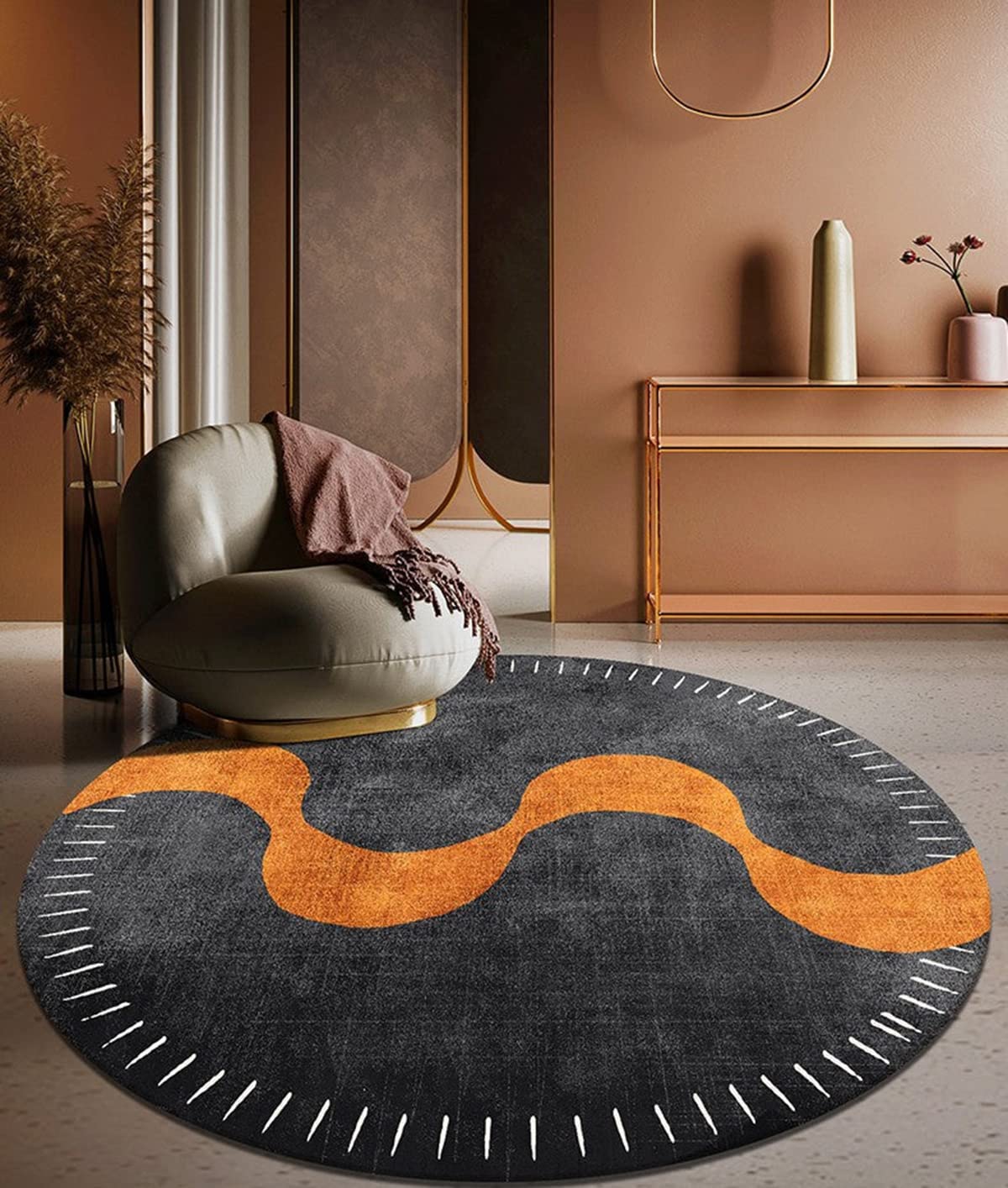 Modern Abstract Black Orange Swirl Round Area Rug - Soft Fluffy 3ft Circle Rug for Living Room, Bedroom, Dining, Kitchen, Home Office & Hallway | Non-Slip, Cozy & Stylish Home Decor
