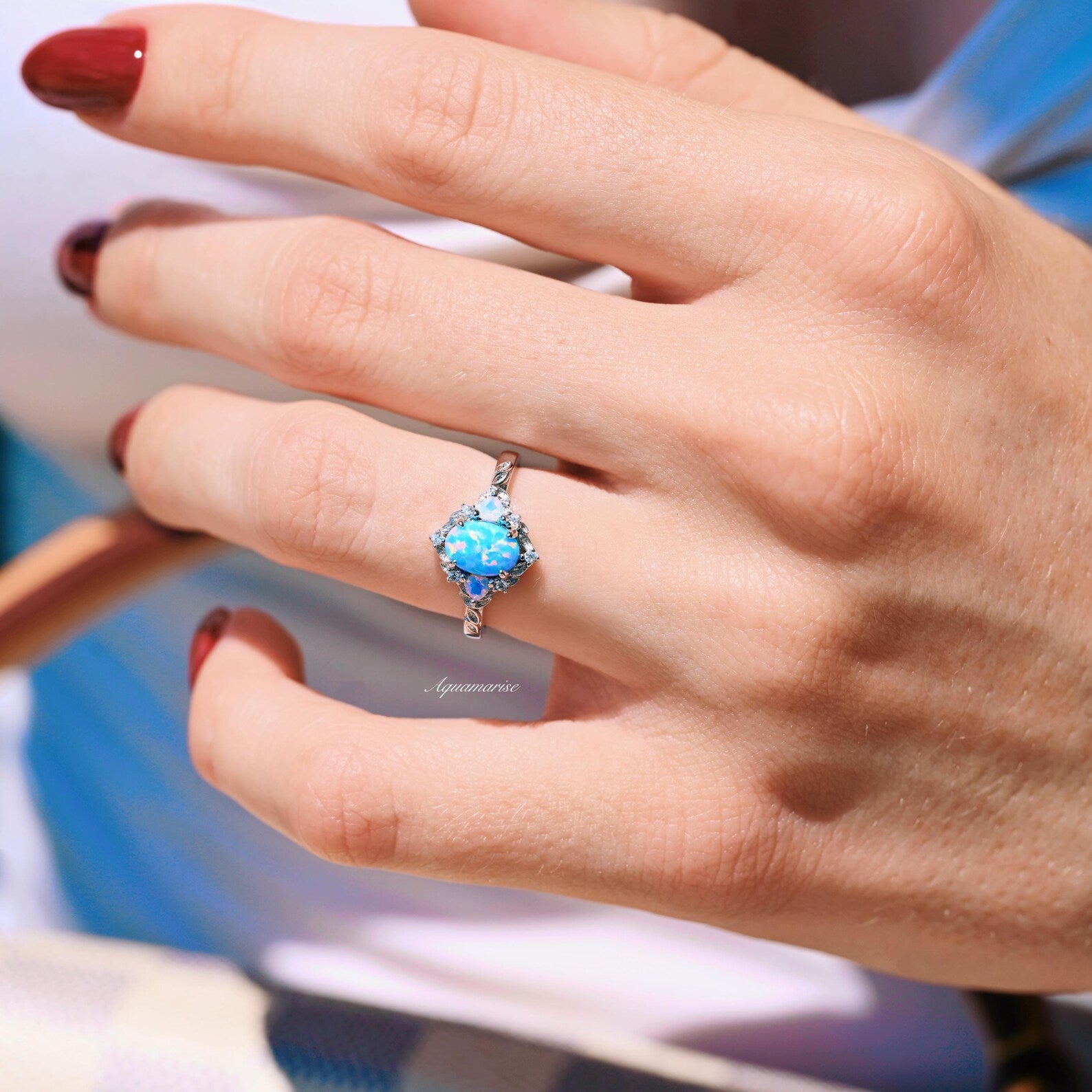 Blue Fire Opal & Opalescent Sapphire Leaf Fairy Ring - 925 Sterling Silver Jewelry for Women - Perfect for Weddings, Parties & Special Occasions