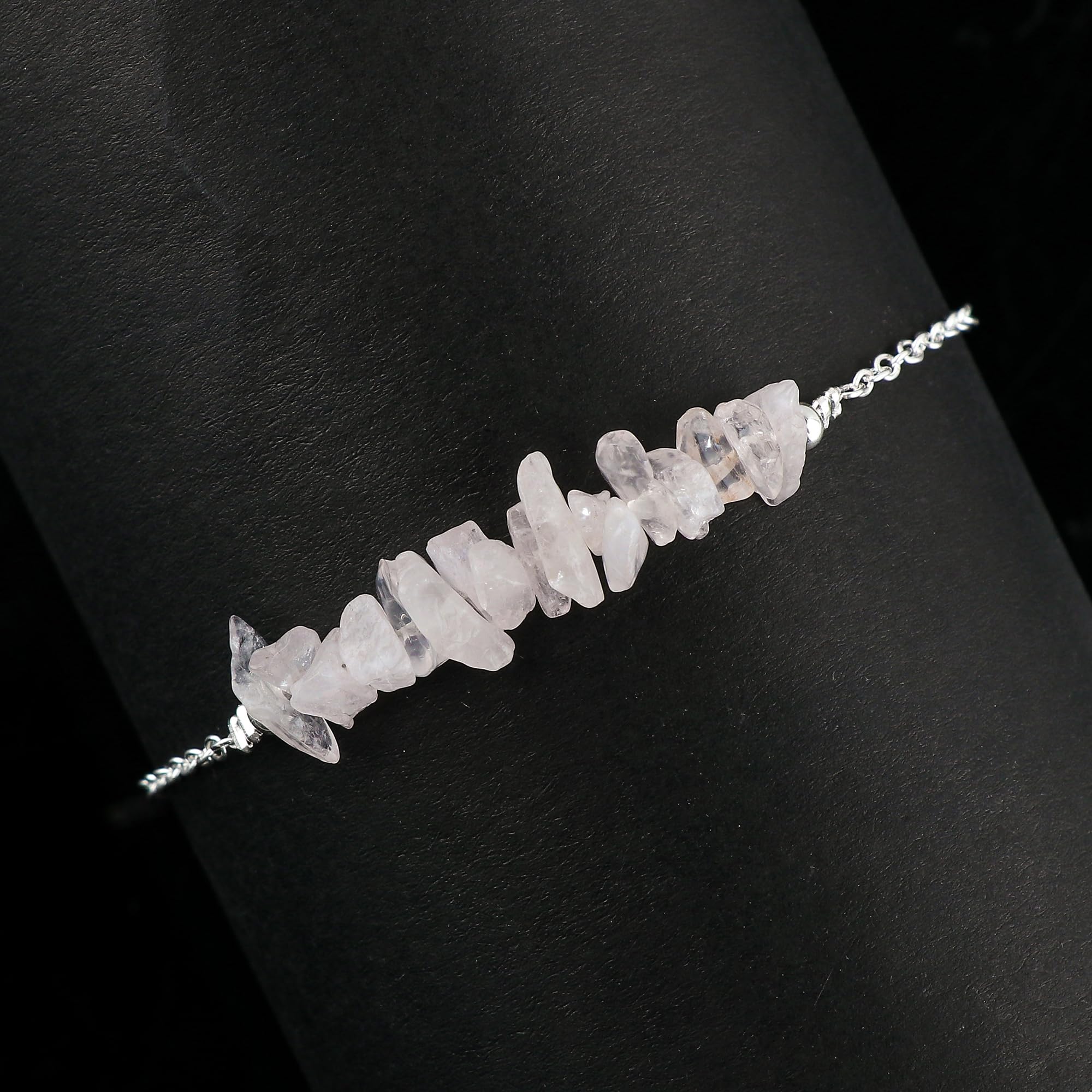 Natural Rose Quartz Chips Bar Bracelet - Healing Crystal Energy Jewelry with Silver Plated Raw Beads, 7-8 Inch Adjustable Chain for Women - Perfect Spiritual Gift for Valentine's Day, Birthday & Meditation